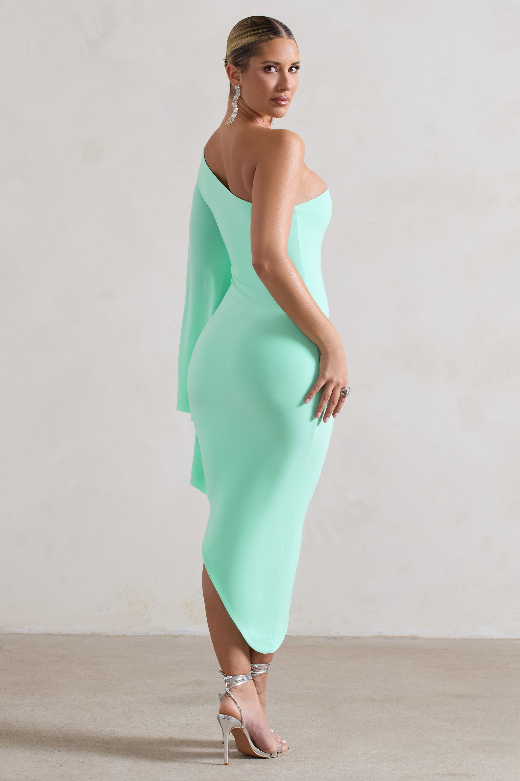 My Level Mint Asymmetric Midi Dress With Cape Sleeve-Babyboo Dress Store. All Rights Reserved.