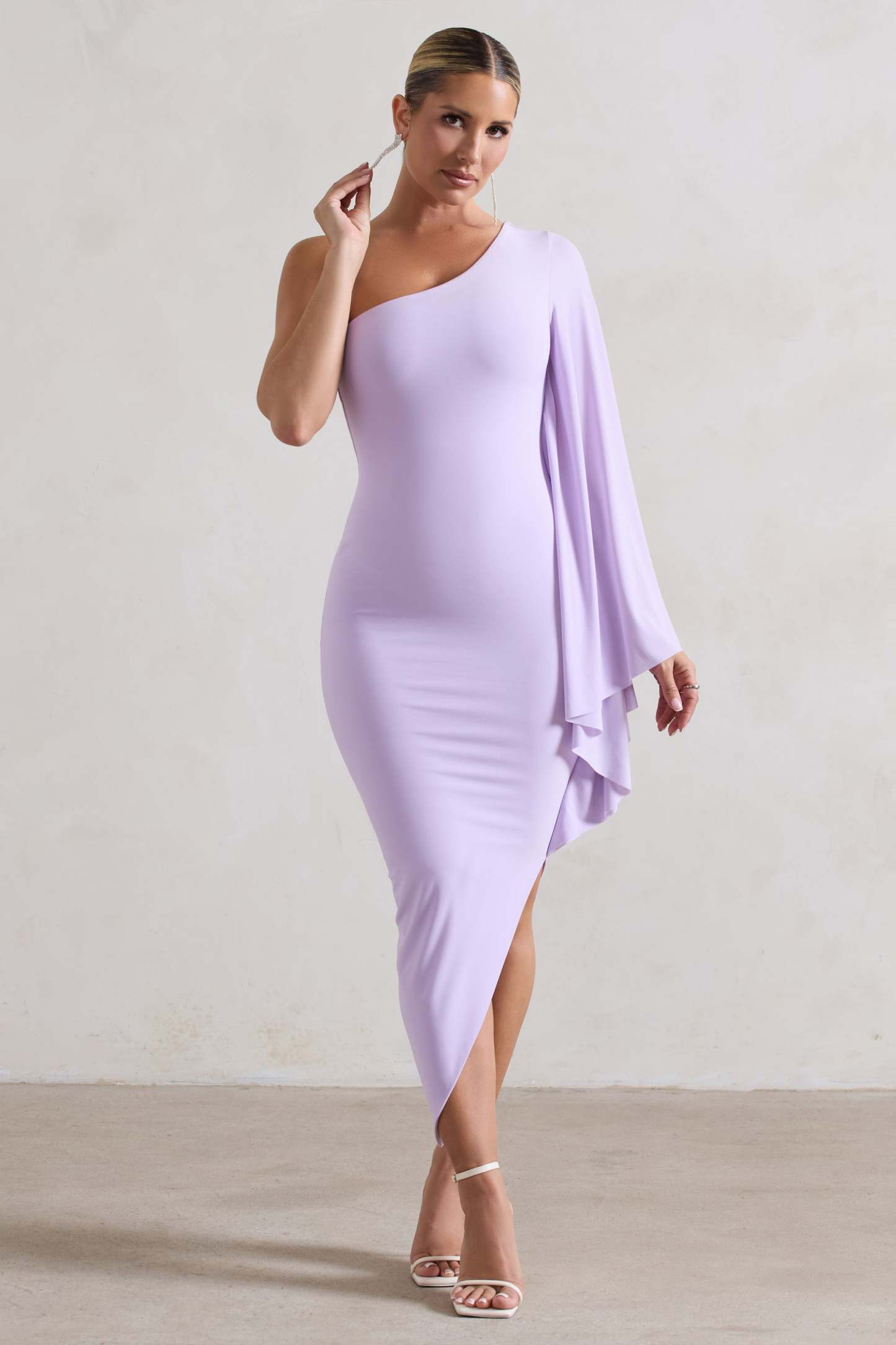 My Level Lilac Asymmetric One Shoulder Cape Sleeve Midi Dress-Babyboo Dress Store. All Rights Reserved.