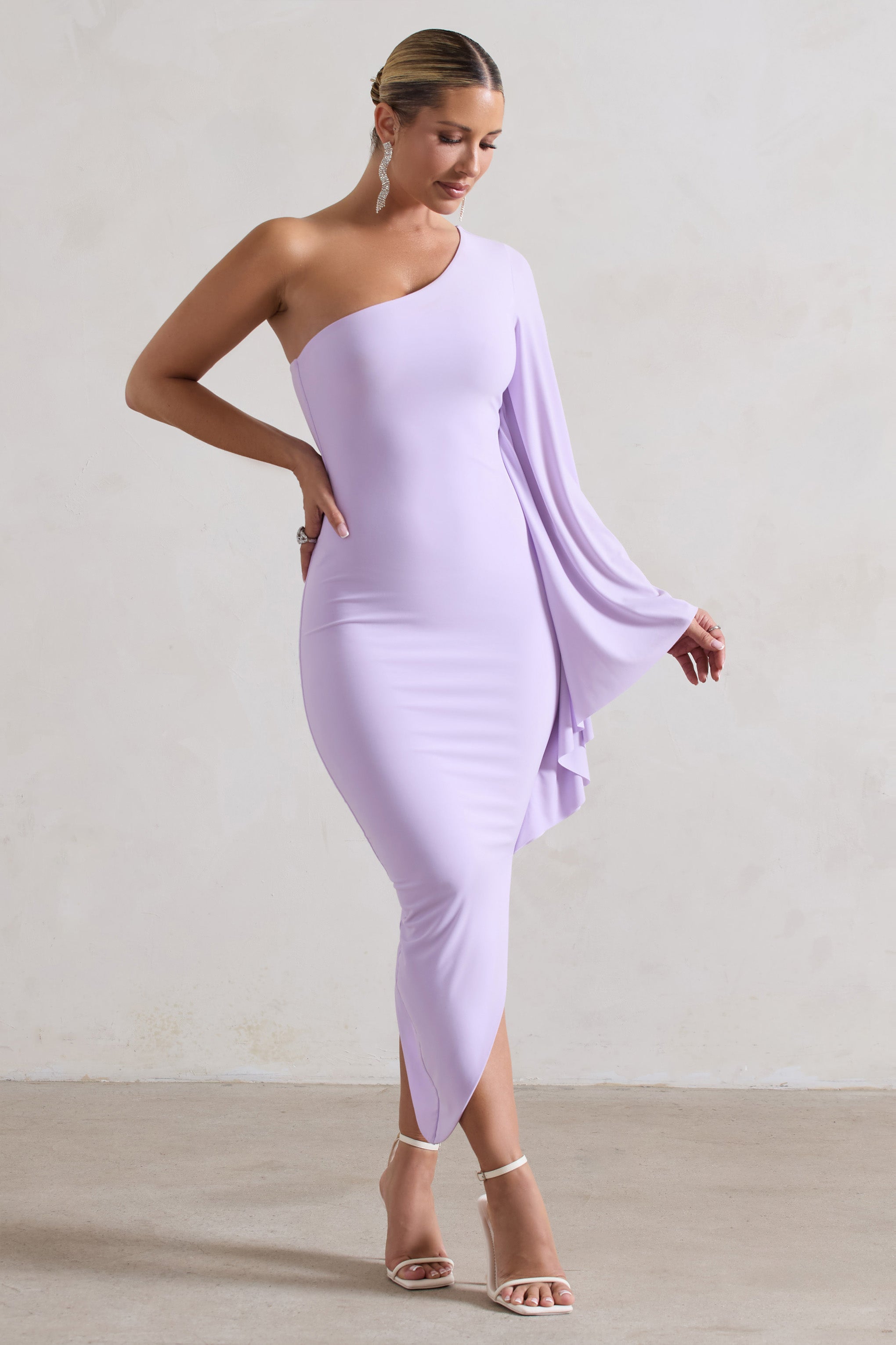 My Level Lilac Asymmetric One Shoulder Cape Sleeve Midi Dress-Babyboo Dress Store. All Rights Reserved.