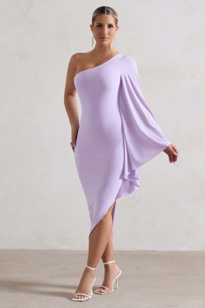 My Level Lilac Asymmetric One Shoulder Cape Sleeve Midi Dress-Babyboo Dress Store. All Rights Reserved.