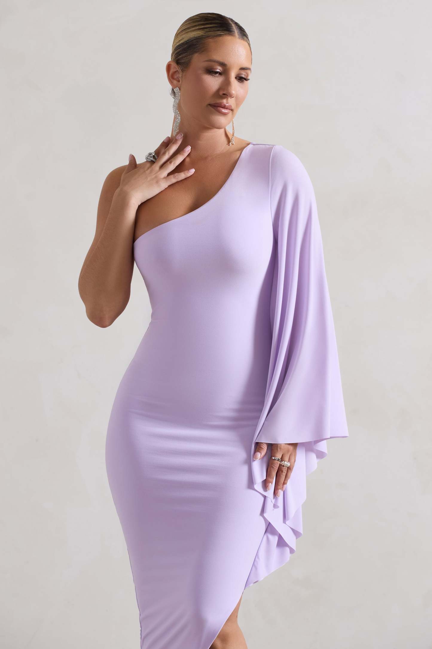 My Level Lilac Asymmetric One Shoulder Cape Sleeve Midi Dress-Babyboo Dress Store. All Rights Reserved.