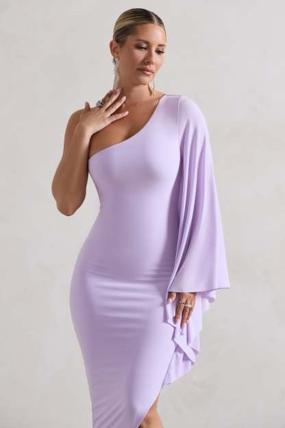 My Level Lilac Asymmetric One Shoulder Cape Sleeve Midi Dress-Babyboo Dress Store. All Rights Reserved.