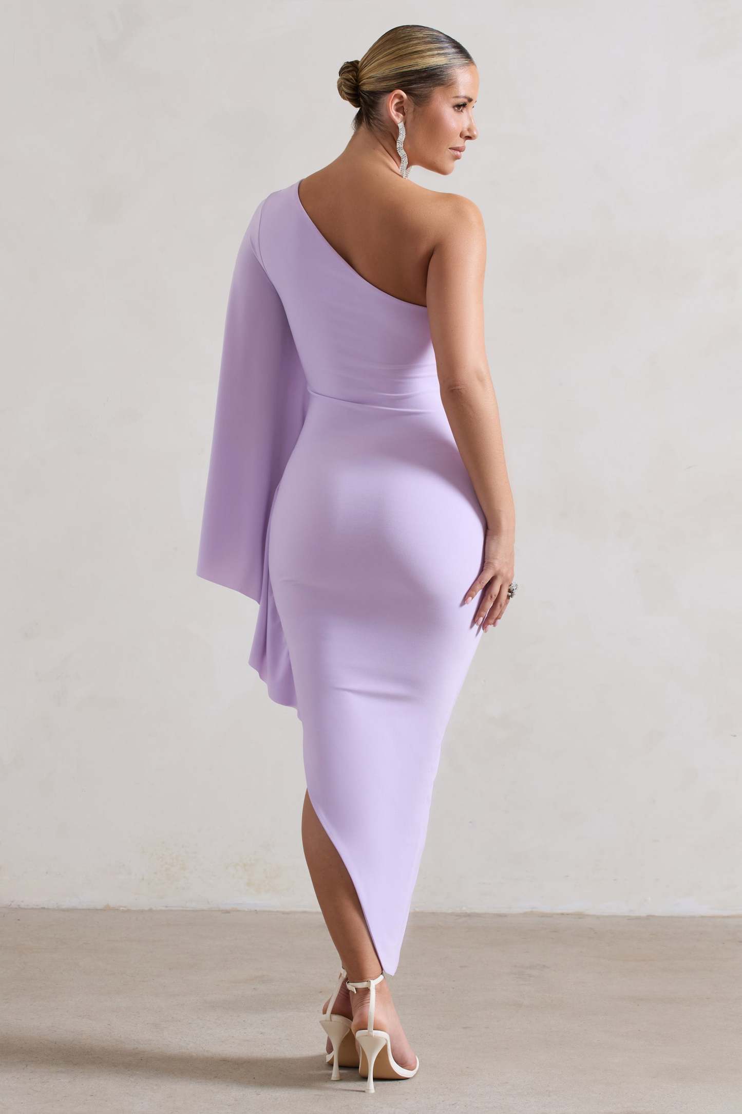 My Level Lilac Asymmetric One Shoulder Cape Sleeve Midi Dress-Babyboo Dress Store. All Rights Reserved.