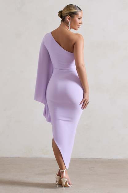 My Level Lilac Asymmetric One Shoulder Cape Sleeve Midi Dress-Babyboo Dress Store. All Rights Reserved.