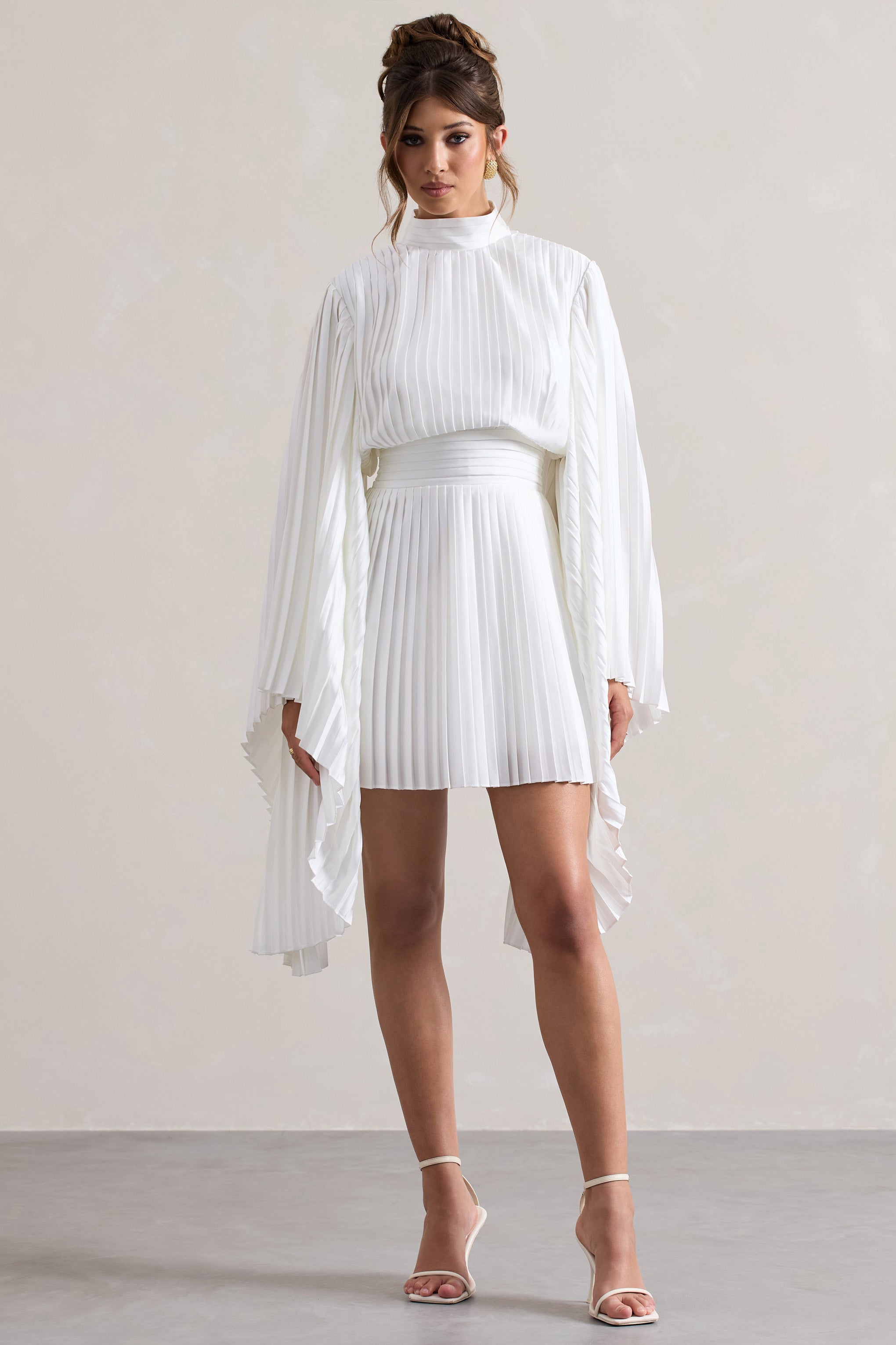 Charity White Pleated High-Neck Skater Mini Dress With Cape Sleeves-Babyboo Dress Store. All Rights Reserved.