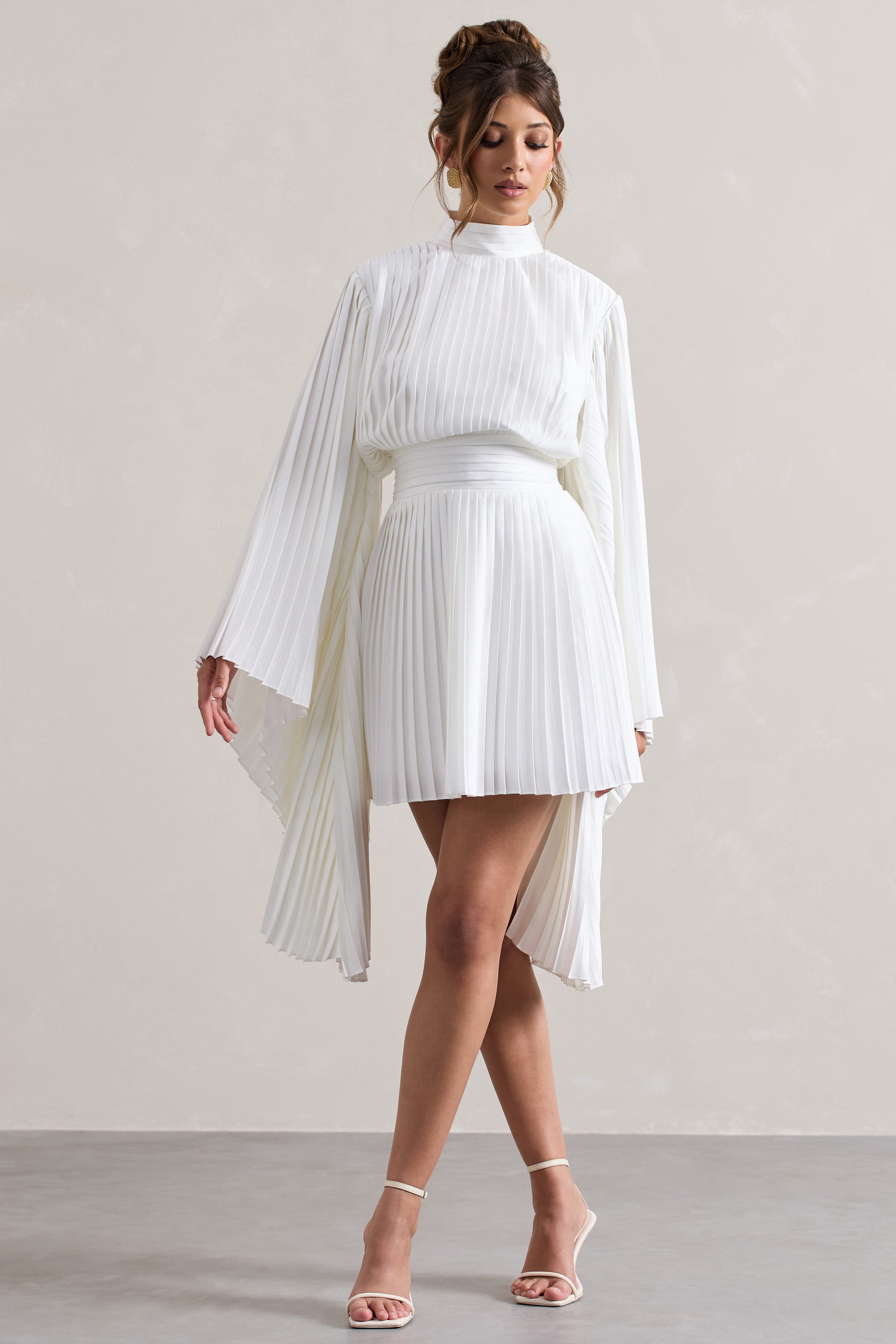 Charity White Pleated High-Neck Skater Mini Dress With Cape Sleeves-Babyboo Dress Store. All Rights Reserved.