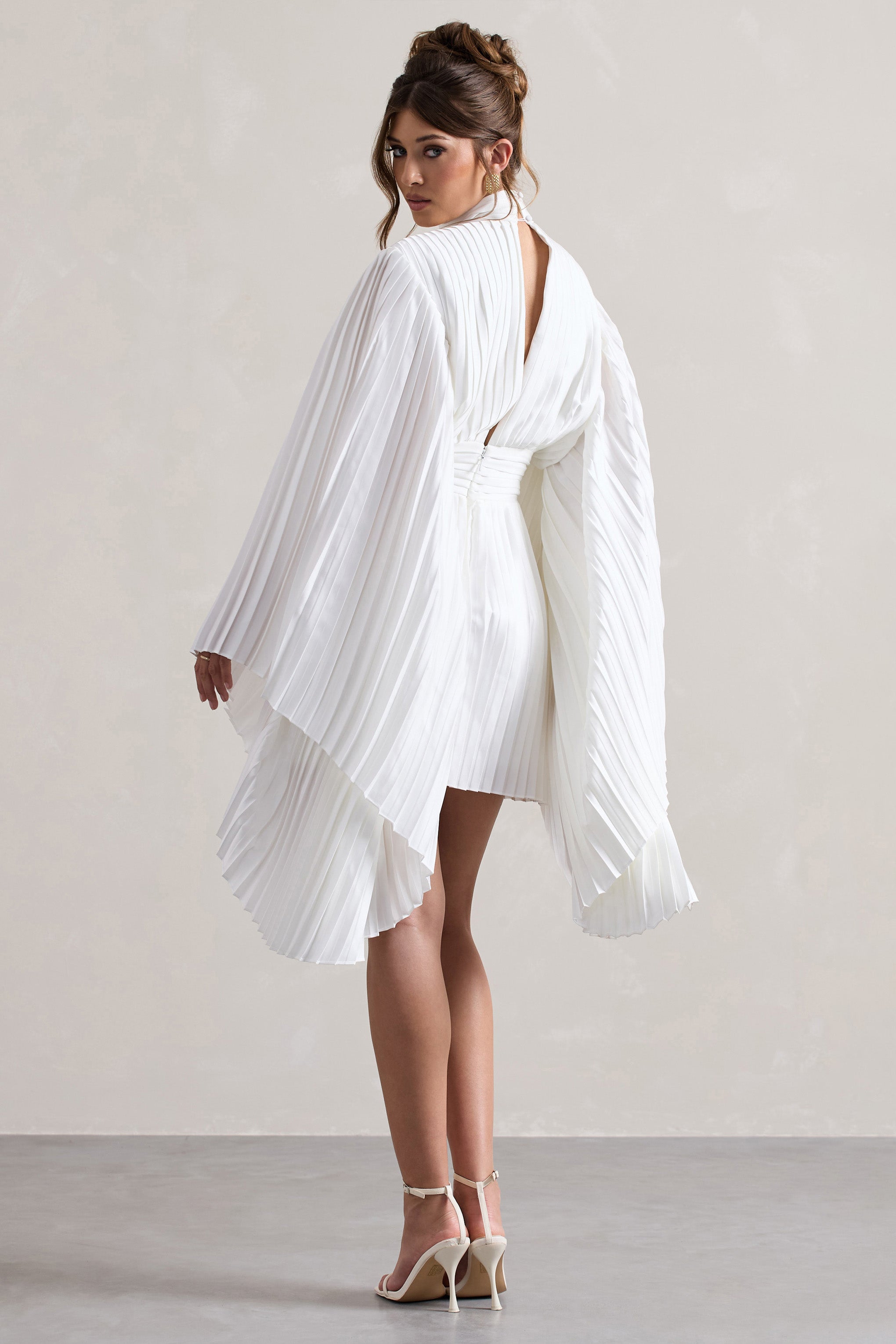 Charity White Pleated High-Neck Skater Mini Dress With Cape Sleeves-Babyboo Dress Store. All Rights Reserved.