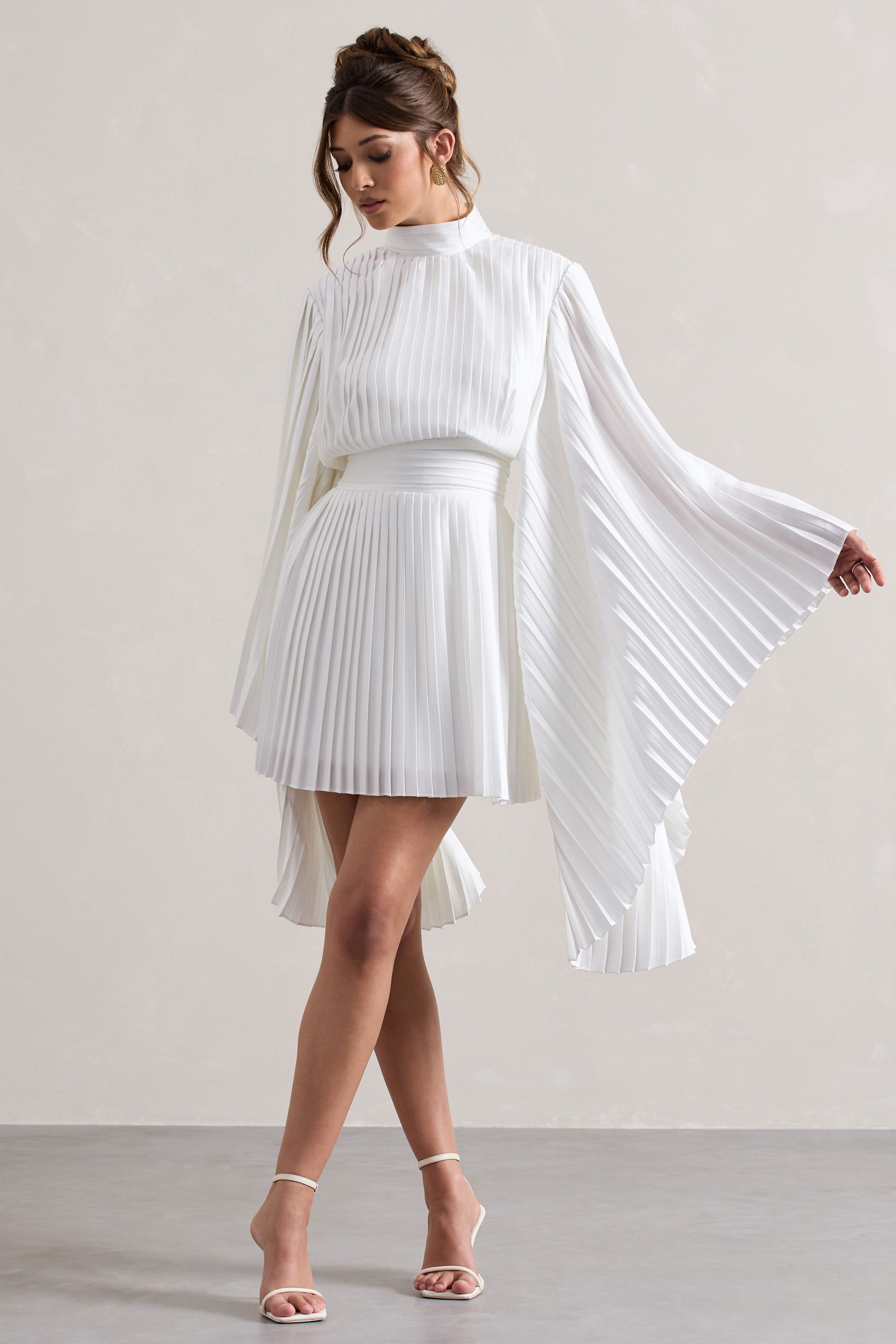 Charity White Pleated High-Neck Skater Mini Dress With Cape Sleeves-Babyboo Dress Store. All Rights Reserved.