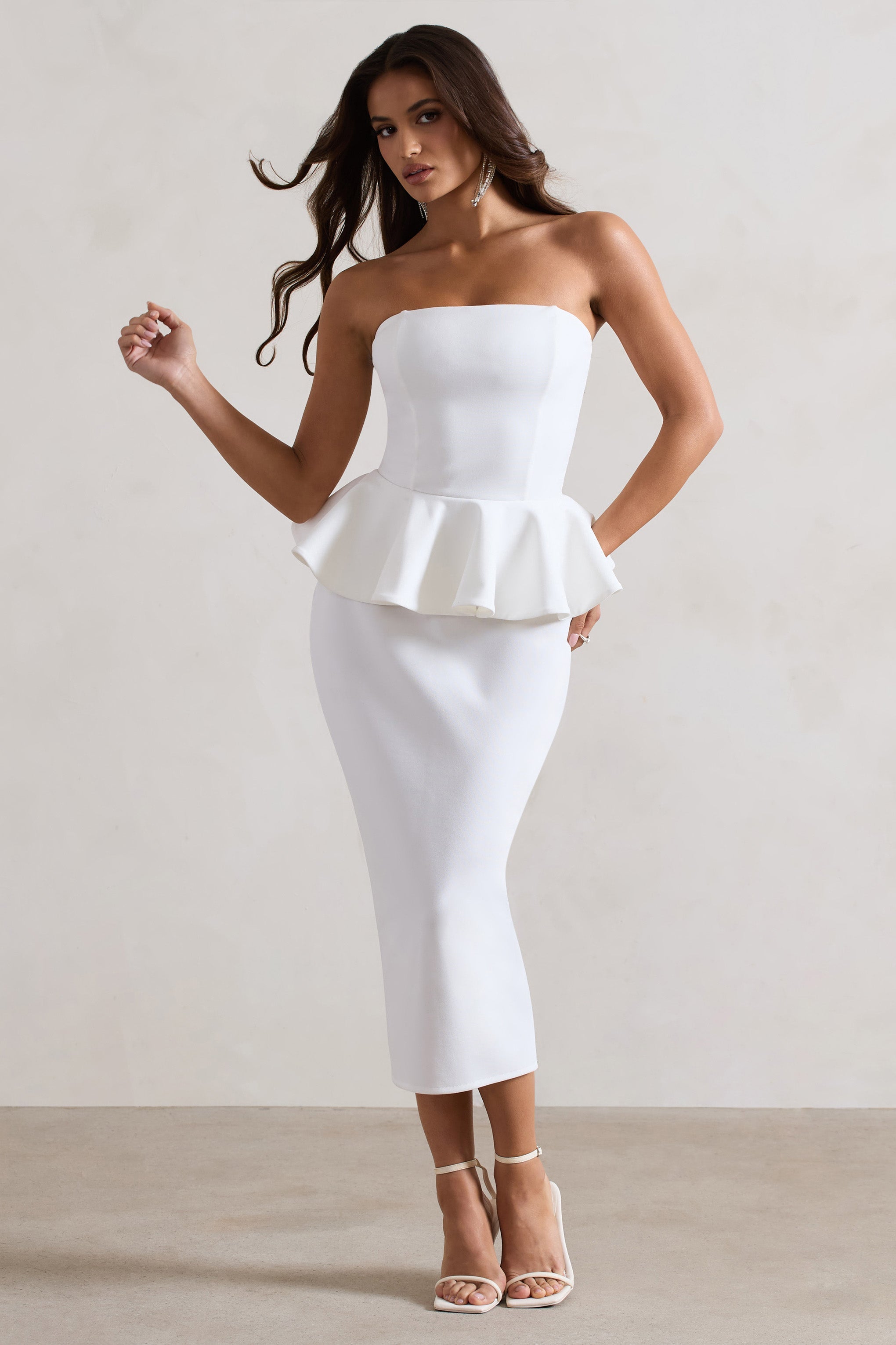 Chicago White Bodycon Bandeau Midi Dress With Peplum Detail-Babyboo Dress Store. All Rights Reserved.
