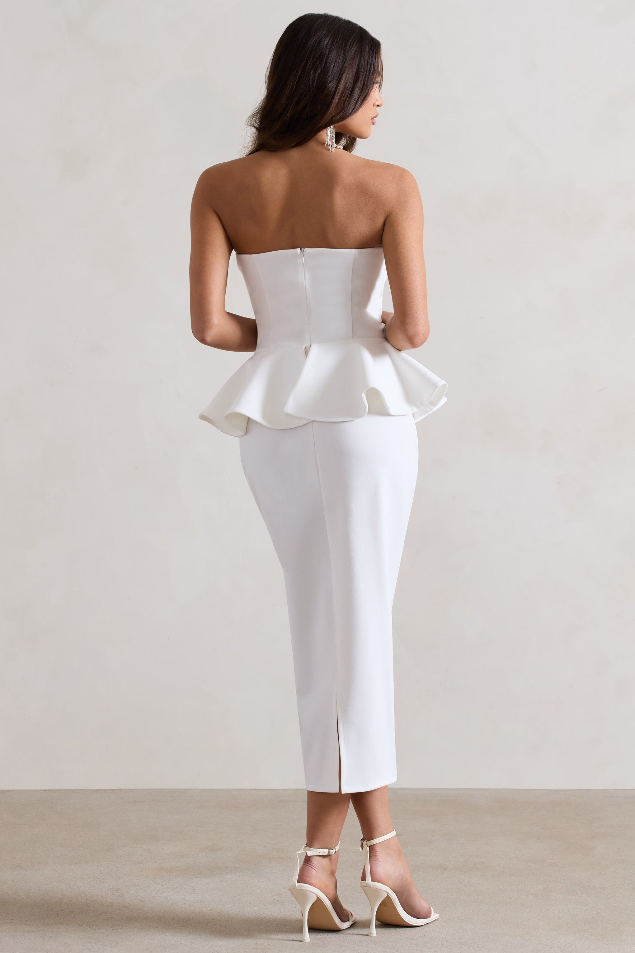 Chicago White Bodycon Bandeau Midi Dress With Peplum Detail-Babyboo Dress Store. All Rights Reserved.