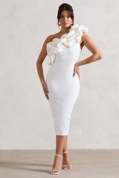 Orchestra White One Shoulder Ruffled Midi Dress-Babyboo Dress Store. All Rights Reserved.