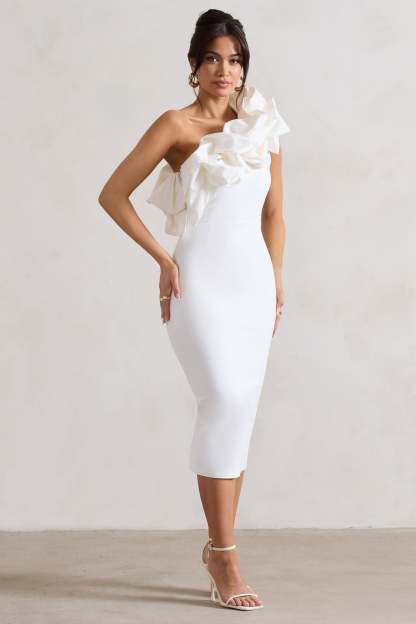 Orchestra White One Shoulder Ruffled Midi Dress-Babyboo Dress Store. All Rights Reserved.