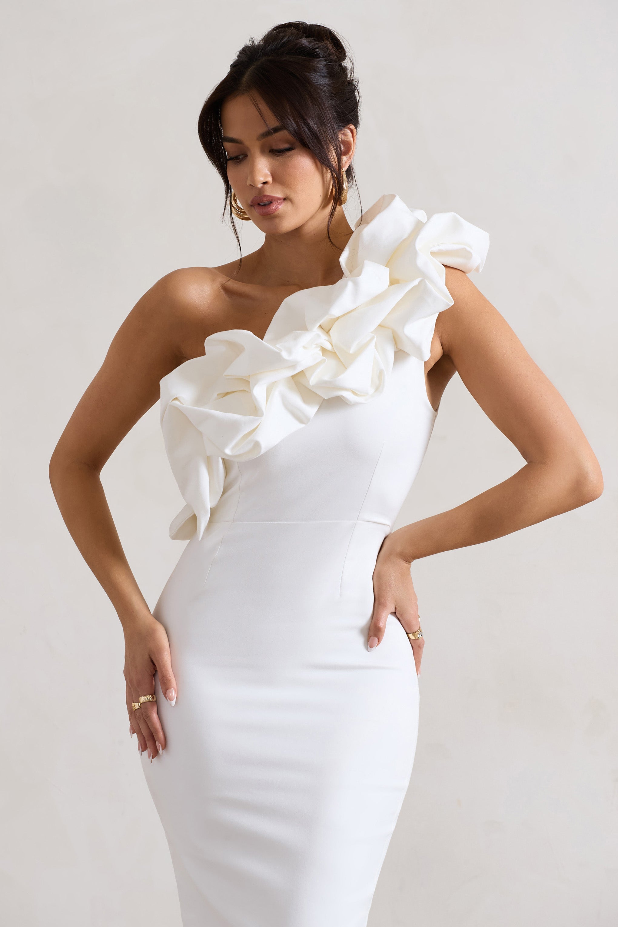 Orchestra White One Shoulder Ruffled Midi Dress-Babyboo Dress Store. All Rights Reserved.