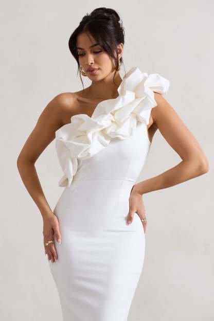 Orchestra White One Shoulder Ruffled Midi Dress-Babyboo Dress Store. All Rights Reserved.