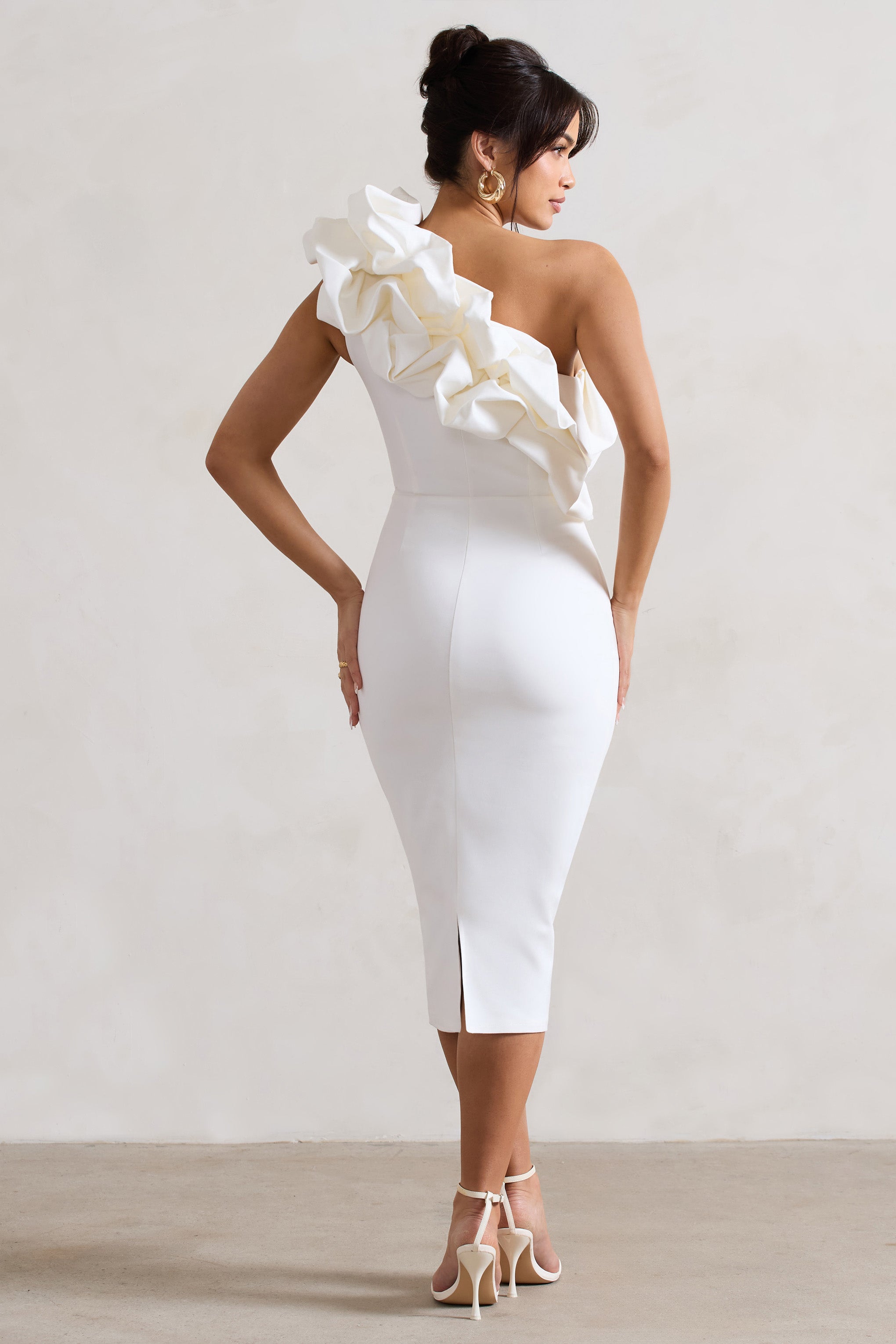 Orchestra White One Shoulder Ruffled Midi Dress-Babyboo Dress Store. All Rights Reserved.