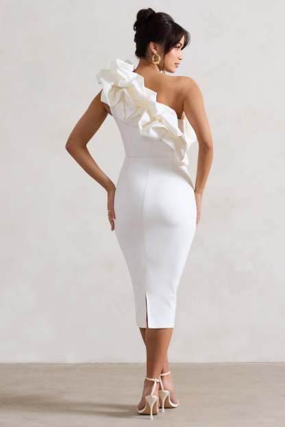 Orchestra White One Shoulder Ruffled Midi Dress-Babyboo Dress Store. All Rights Reserved.
