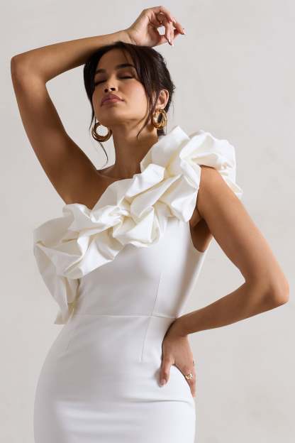 Orchestra White One Shoulder Ruffled Midi Dress-Babyboo Dress Store. All Rights Reserved.