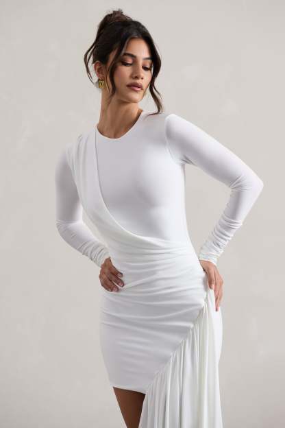 Tate White Long-Sleeve Wrap Mini Dress With Drape