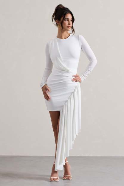 Tate White Long-Sleeve Wrap Mini Dress With Drape