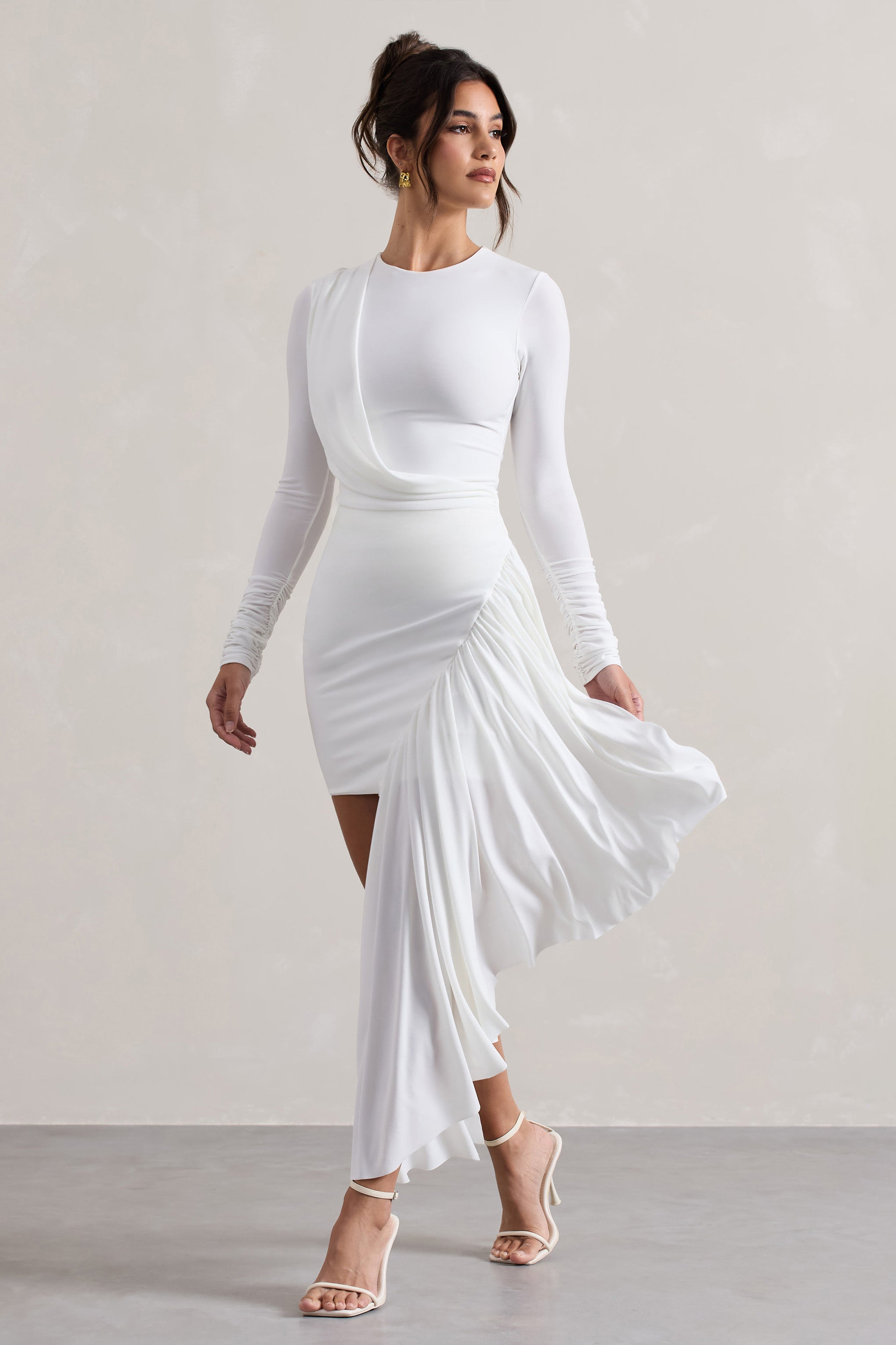 Tate White Long-Sleeve Wrap Mini Dress With Drape