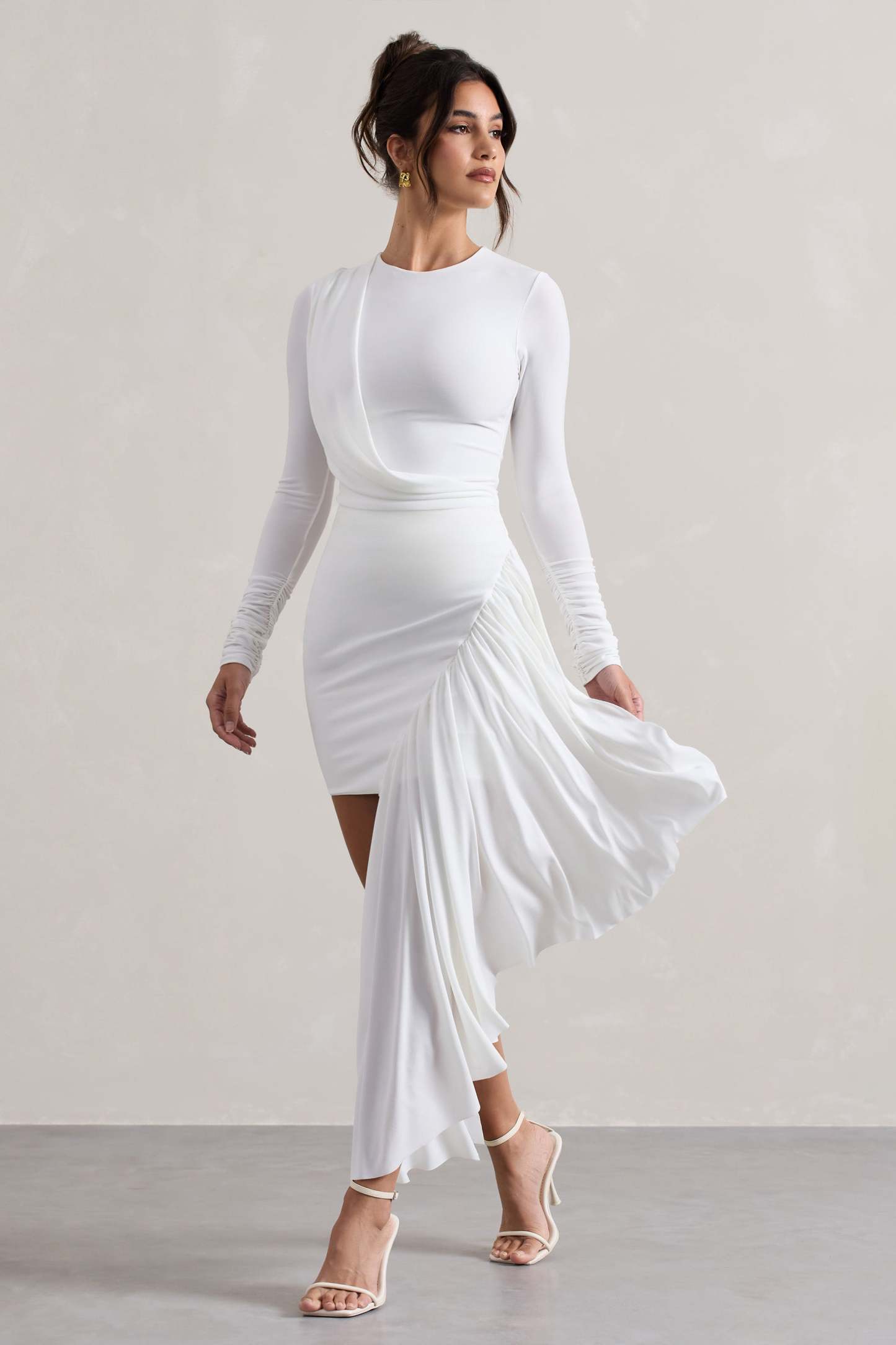 Tate White Long-Sleeve Wrap Mini Dress With Drape