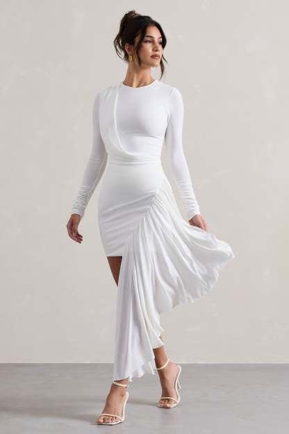 Tate White Long-Sleeve Wrap Mini Dress With Drape