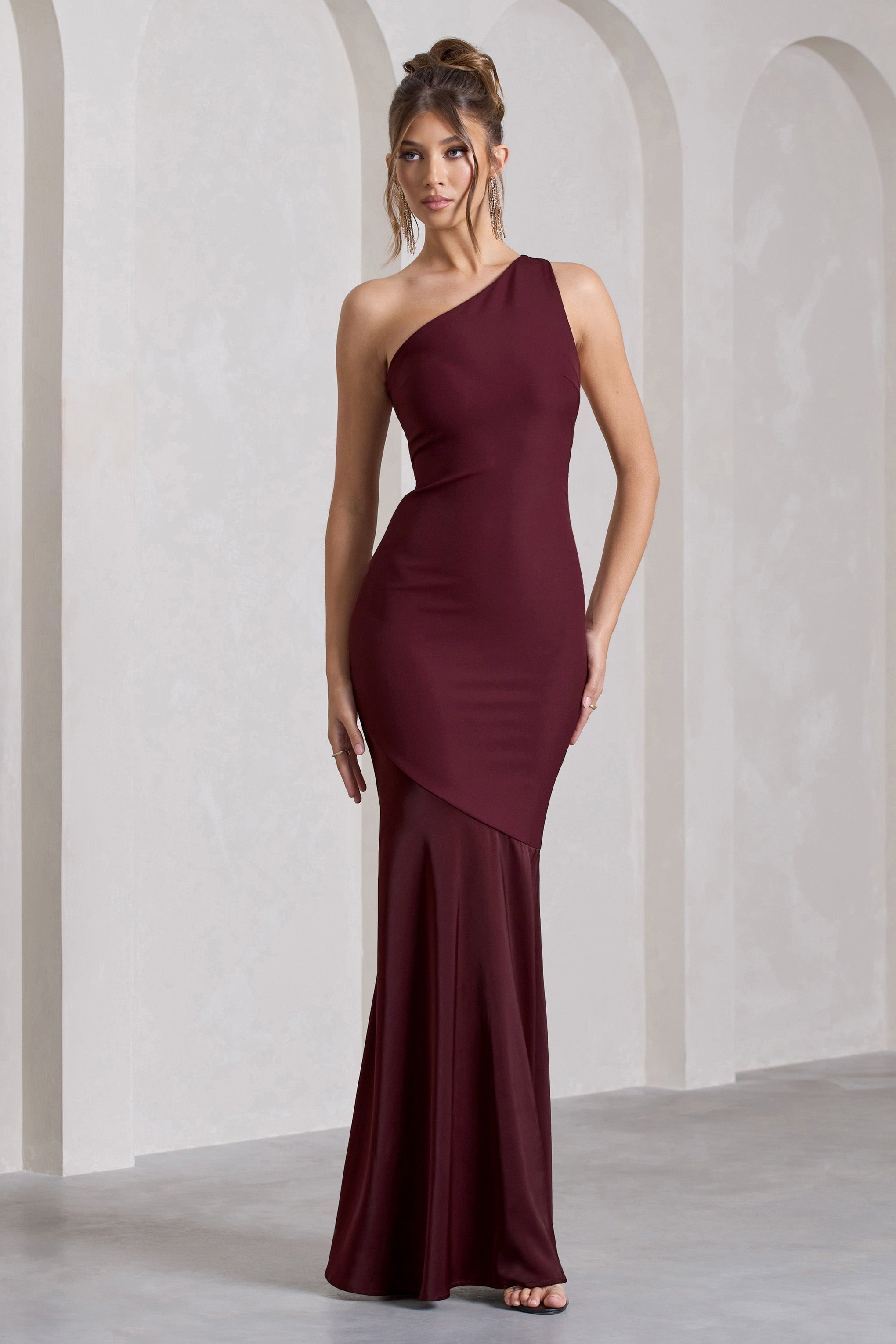 Passion Plum One Shoulder Cut-Out Fishtail Maxi Dress-Babyboo Dress Store. All Rights Reserved.