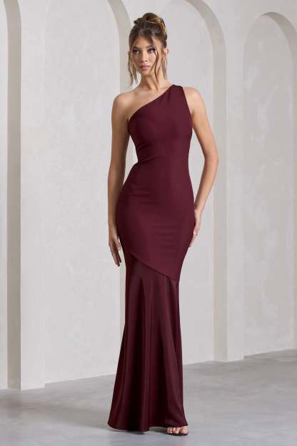 Passion Plum One Shoulder Cut-Out Fishtail Maxi Dress-Babyboo Dress Store. All Rights Reserved.