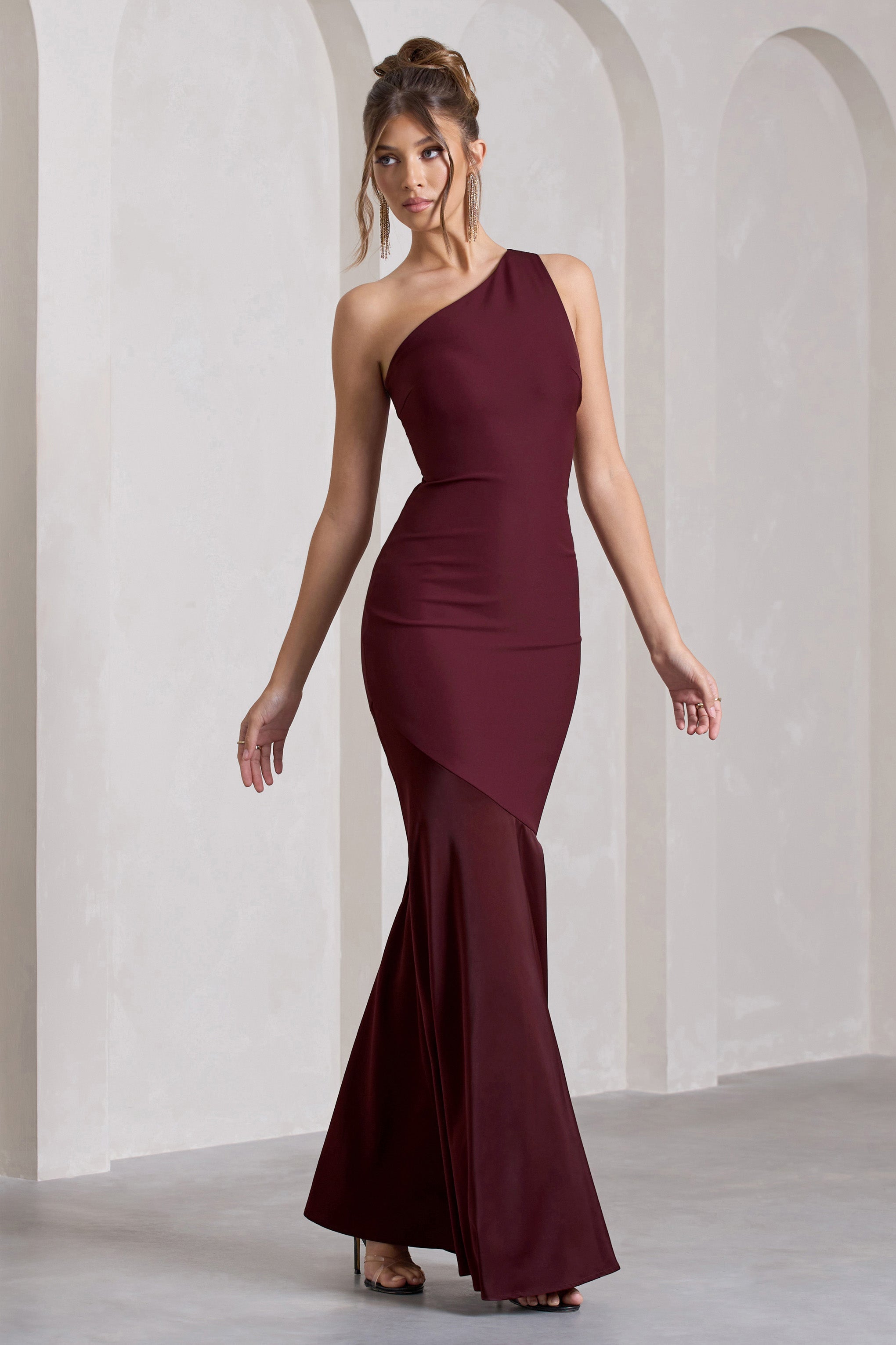 Passion Plum One Shoulder Cut-Out Fishtail Maxi Dress-Babyboo Dress Store. All Rights Reserved.