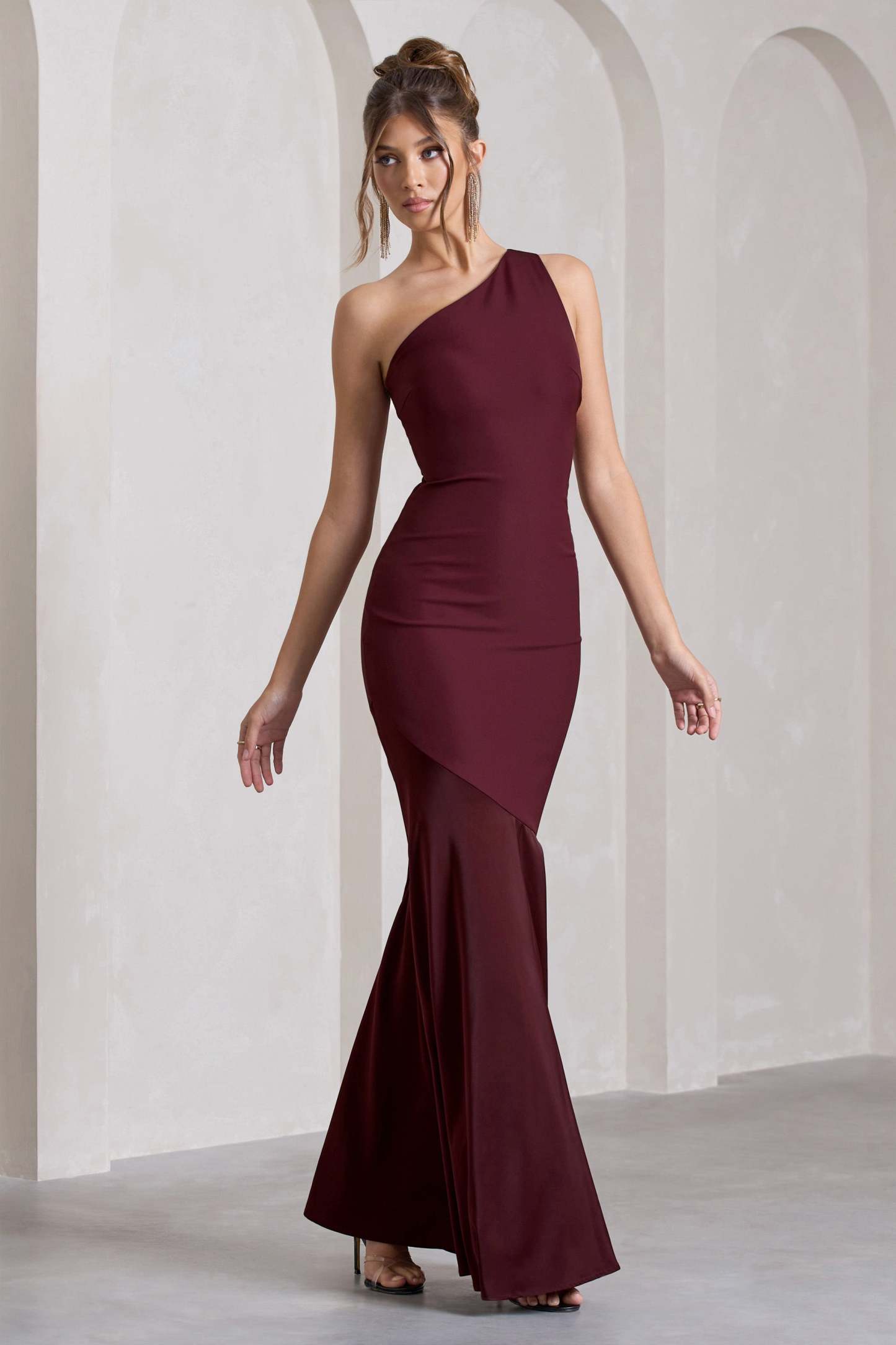 Passion Plum One Shoulder Cut-Out Fishtail Maxi Dress-Babyboo Dress Store. All Rights Reserved.
