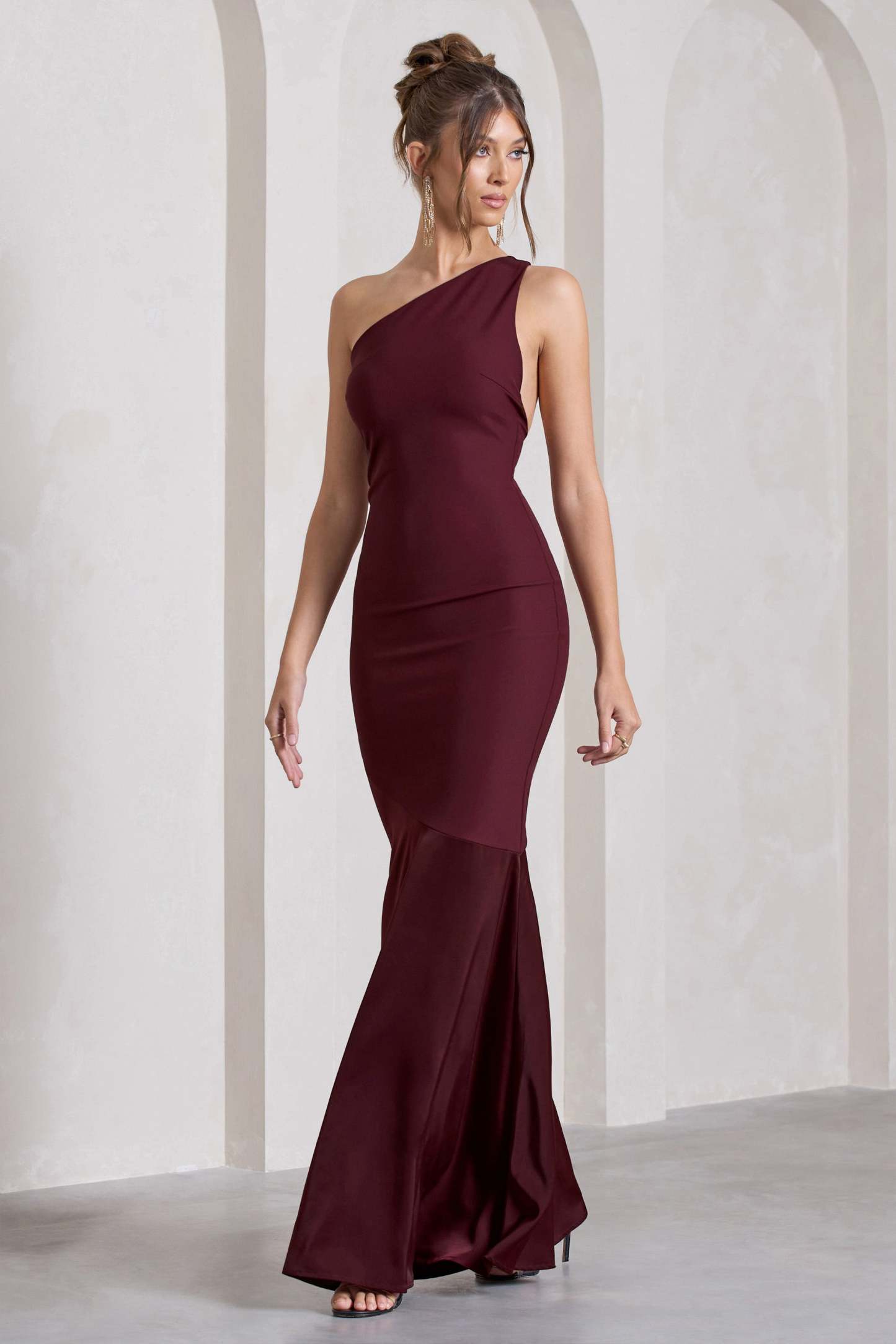 Passion Plum One Shoulder Cut-Out Fishtail Maxi Dress-Babyboo Dress Store. All Rights Reserved.