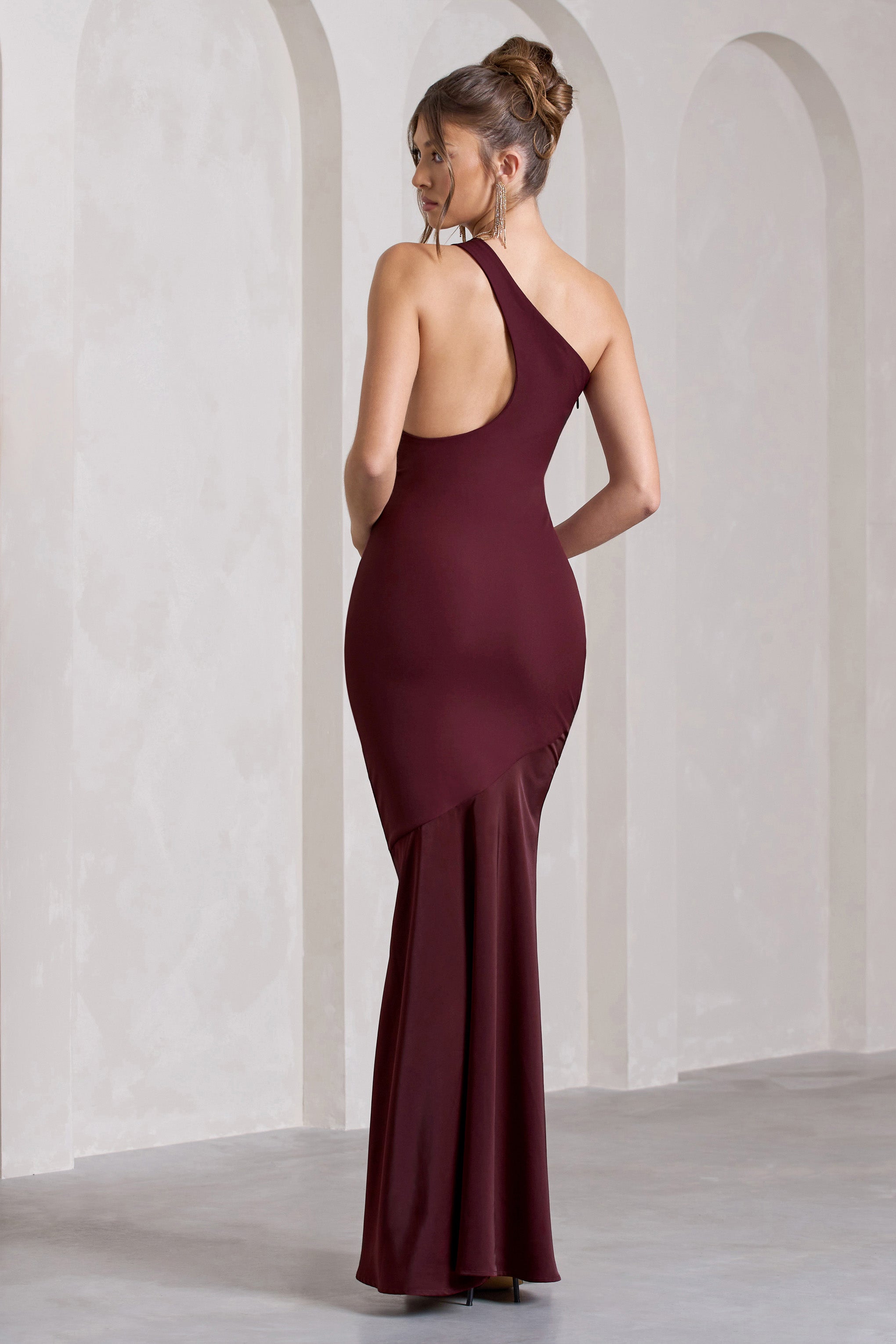 Passion Plum One Shoulder Cut-Out Fishtail Maxi Dress-Babyboo Dress Store. All Rights Reserved.