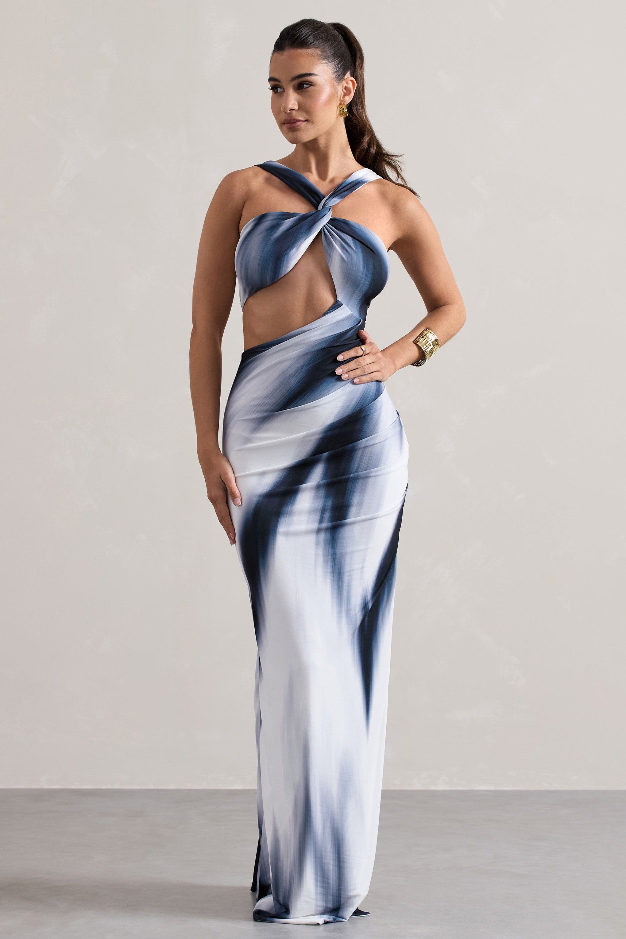 Chorus White Print Halter-Neck Split Maxi Dress With Cut-Out-Babyboo Dress Store. All Rights Reserved.