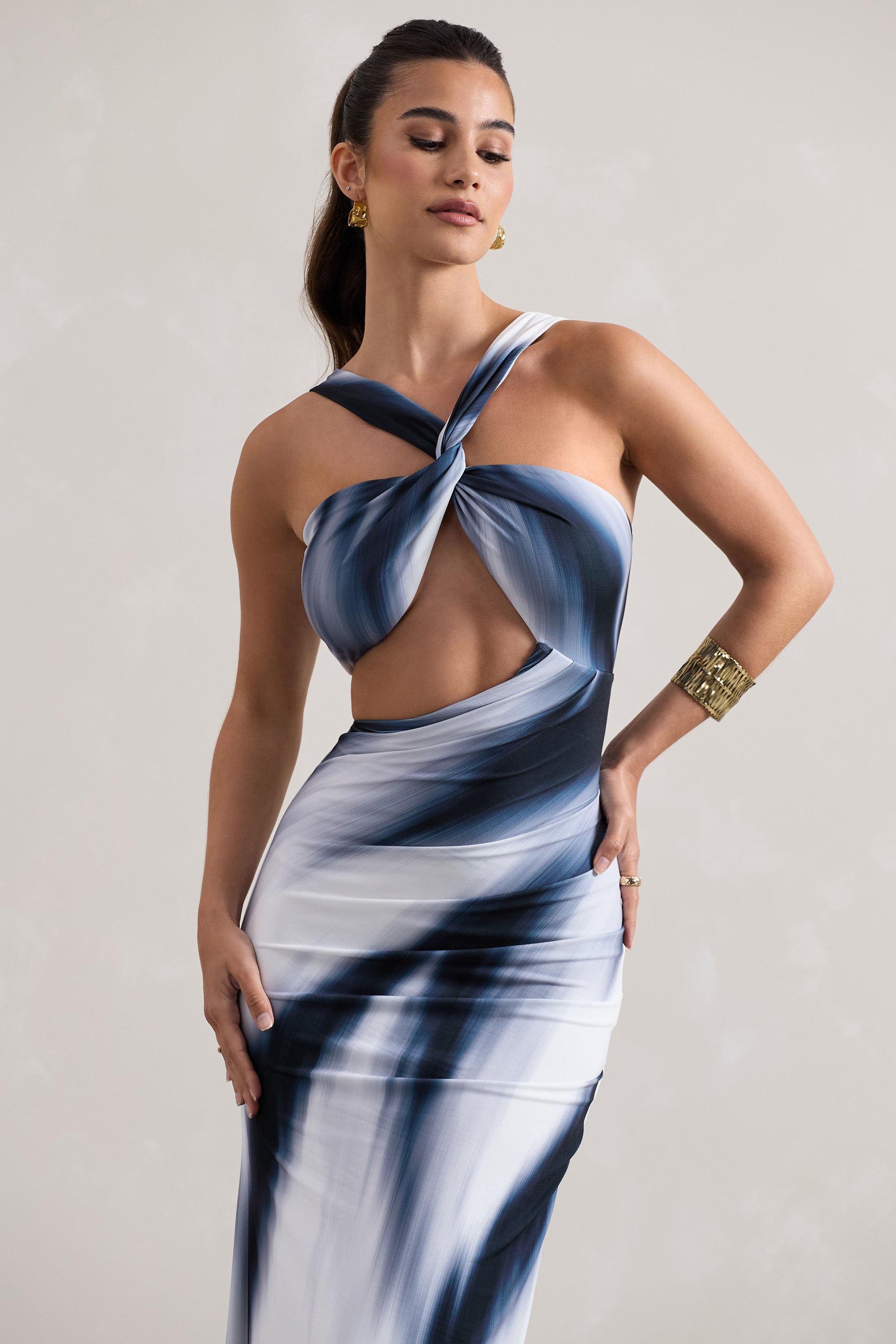 Chorus White Print Halter-Neck Split Maxi Dress With Cut-Out-Babyboo Dress Store. All Rights Reserved.