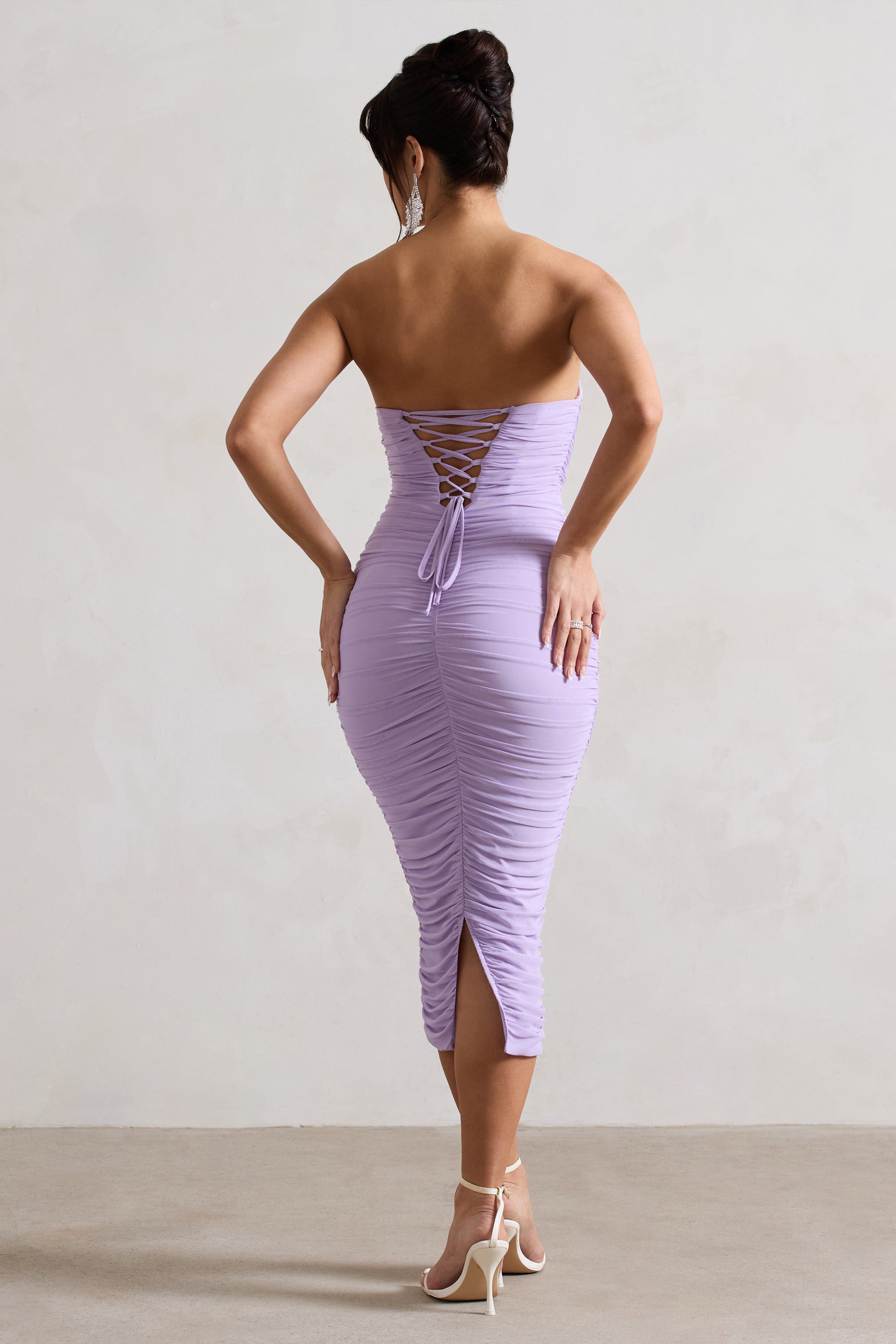 Nylah Lilac Ruched Corset Bodycon Midi Dress-Babyboo Dress Store. All Rights Reserved.