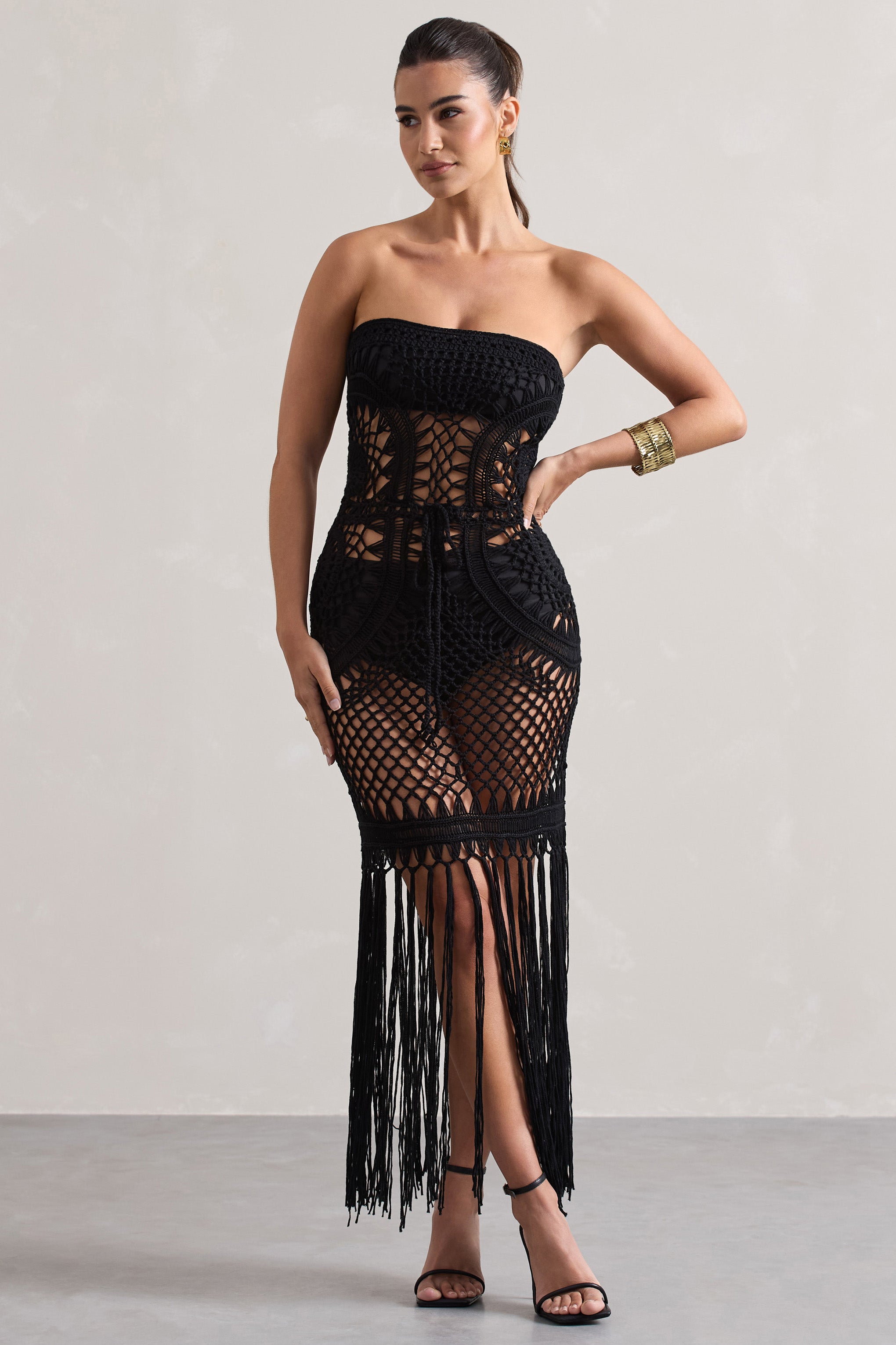 Bondi Black Crochet Strapless Maxi Dress With Fringe Hem-Babyboo Dress Store. All Rights Reserved.