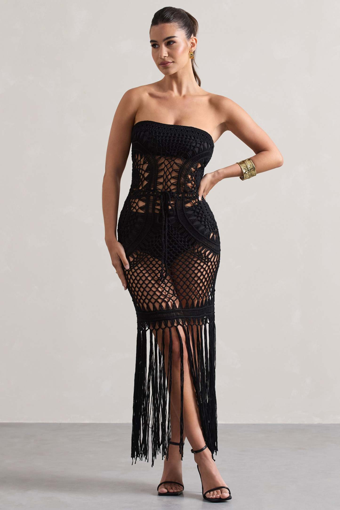 Bondi Black Crochet Strapless Maxi Dress With Fringe Hem-Babyboo Dress Store. All Rights Reserved.