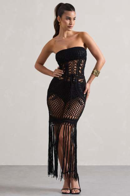 Bondi Black Crochet Strapless Maxi Dress With Fringe Hem-Babyboo Dress Store. All Rights Reserved.