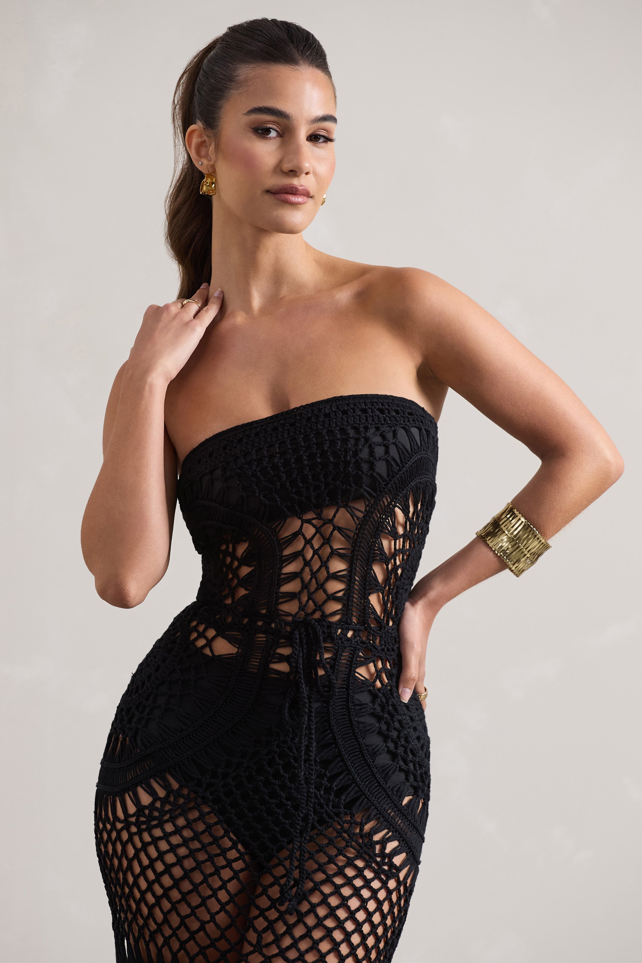 Bondi Black Crochet Strapless Maxi Dress With Fringe Hem-Babyboo Dress Store. All Rights Reserved.