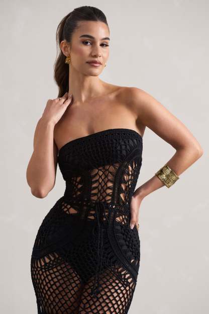 Bondi Black Crochet Strapless Maxi Dress With Fringe Hem-Babyboo Dress Store. All Rights Reserved.