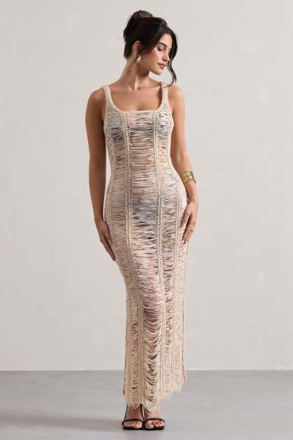 Bahama Sand Crochet Square-Neck Maxi Dress