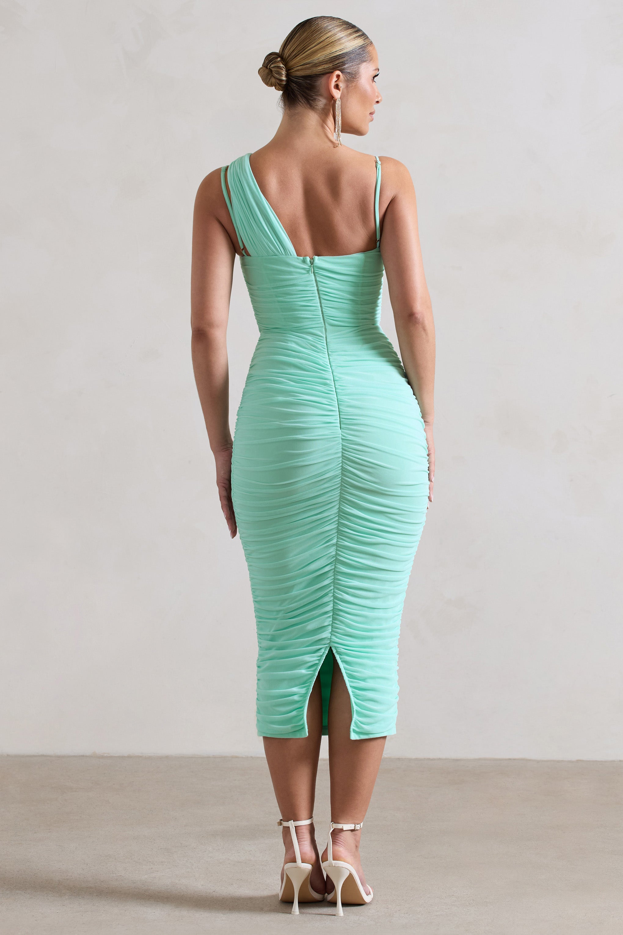 Bellini Iced Green Asymmetric Ruched Midi Dress