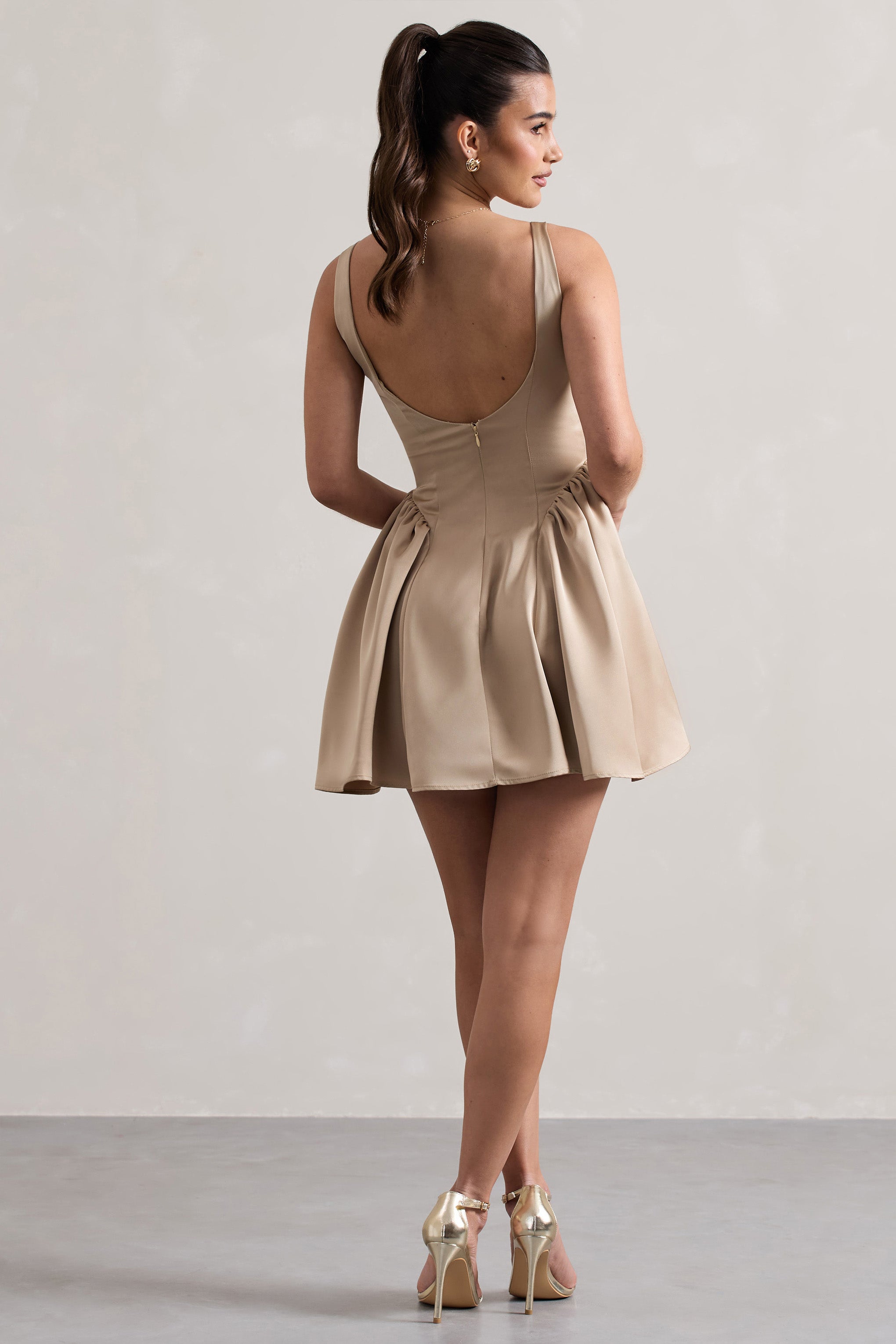Cyrus Champagne Satin Scoop-Neck Mini Dress-Babyboo Dress Store. All Rights Reserved.