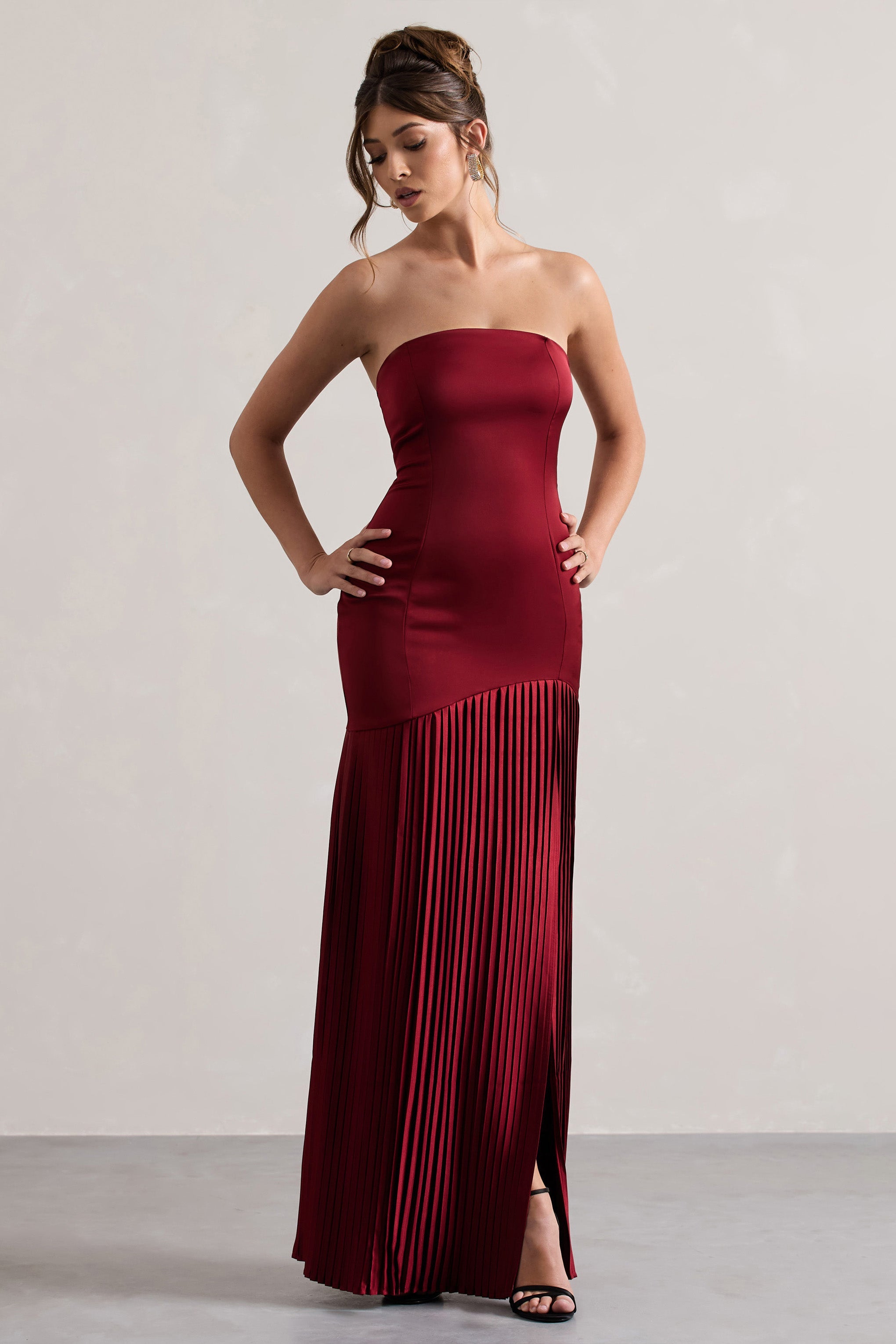 Confidence Burgundy Satin Bandeau Pleated Split Maxi Dress-Babyboo Dress Store. All Rights Reserved.