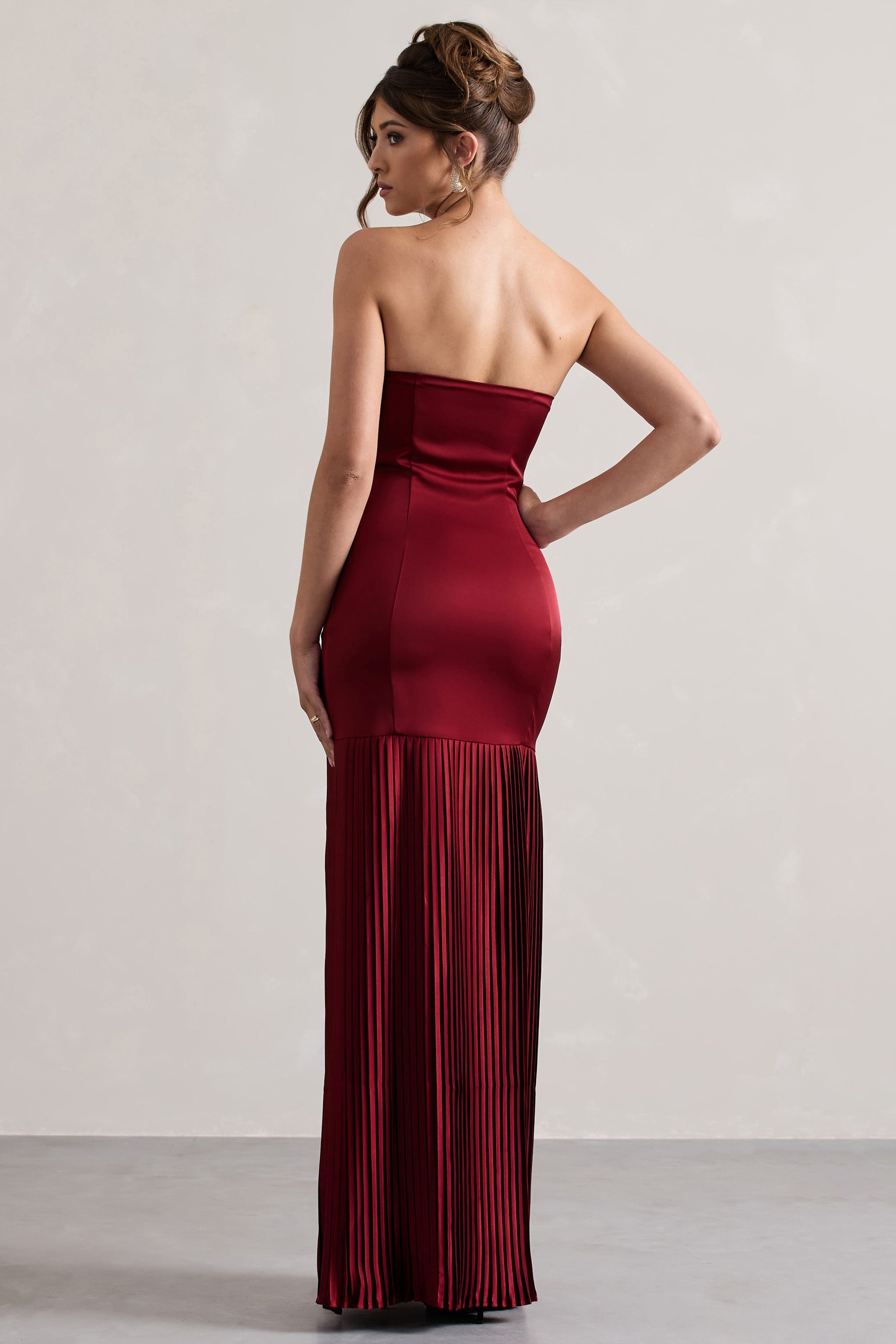 Confidence Burgundy Satin Bandeau Pleated Split Maxi Dress-Babyboo Dress Store. All Rights Reserved.