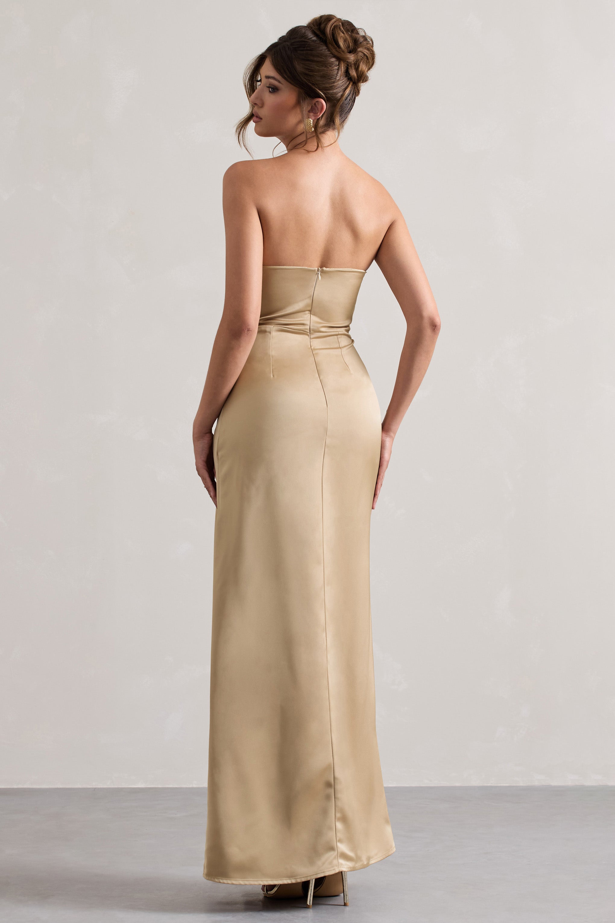 Hollywood Champagne Satin Strapless Draped Maxi Dress