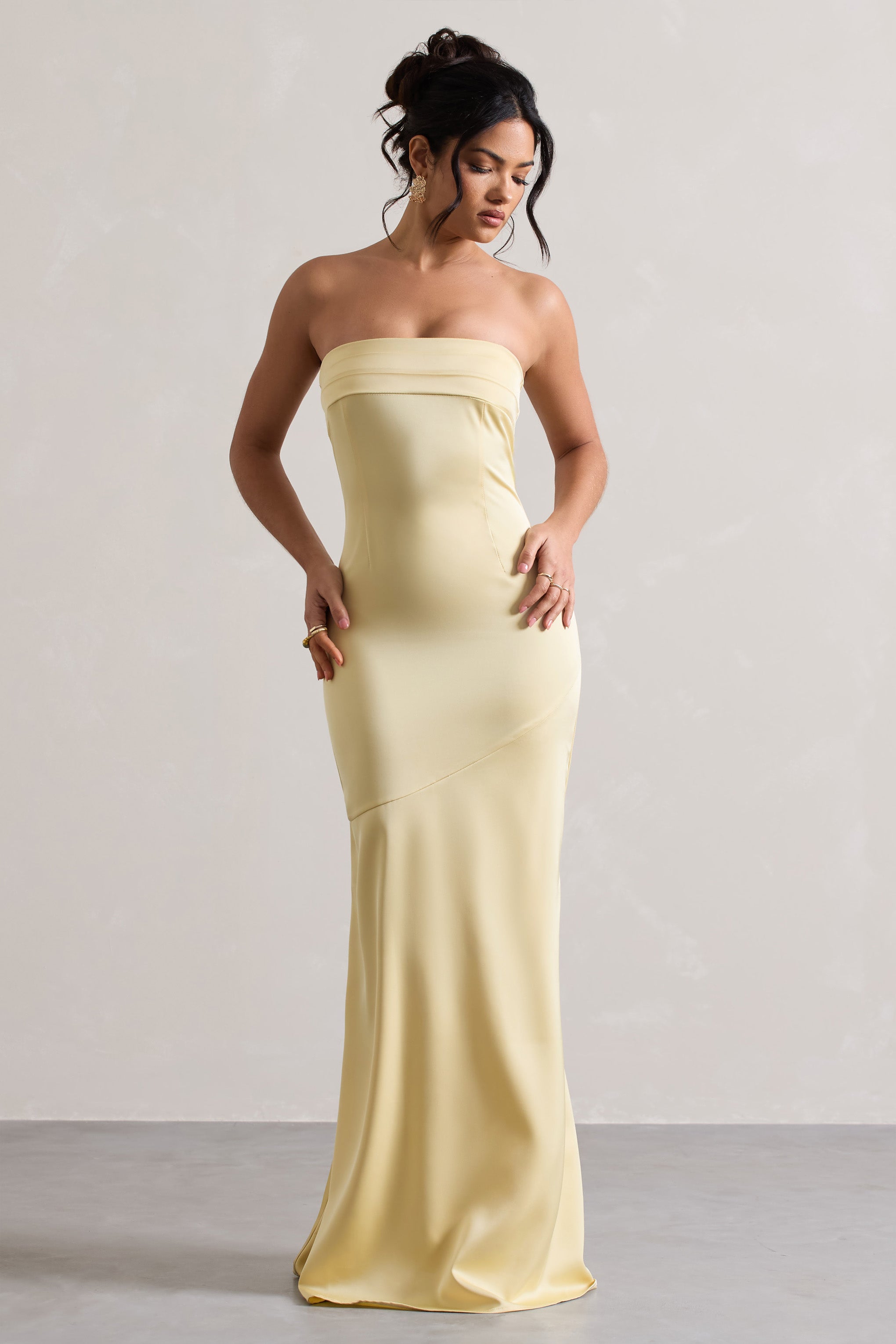 Colada Lemon Satin Pleated Bandeau Maxi Dress-Babyboo Dress Store. All Rights Reserved.