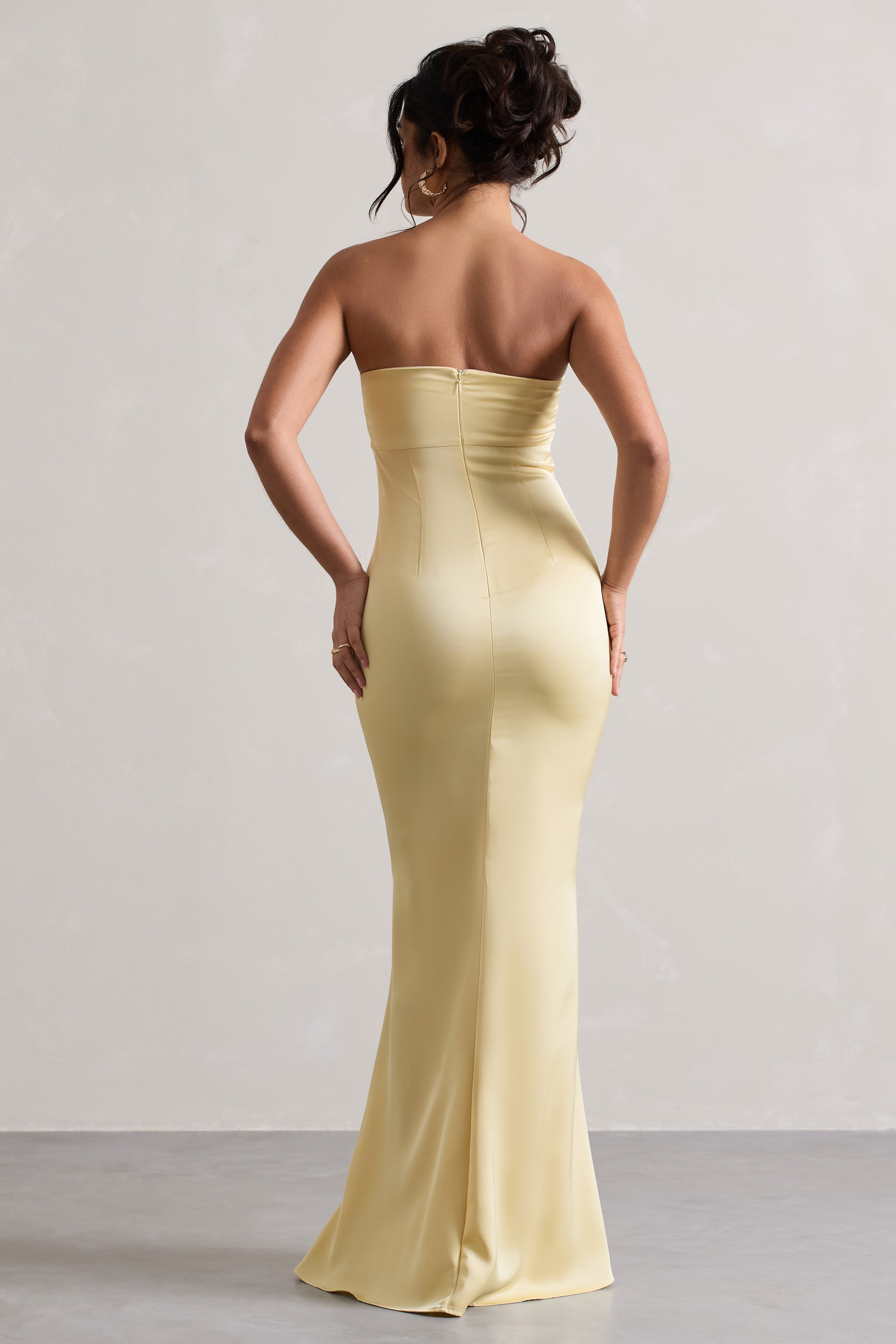 Colada Lemon Satin Pleated Bandeau Maxi Dress-Babyboo Dress Store. All Rights Reserved.