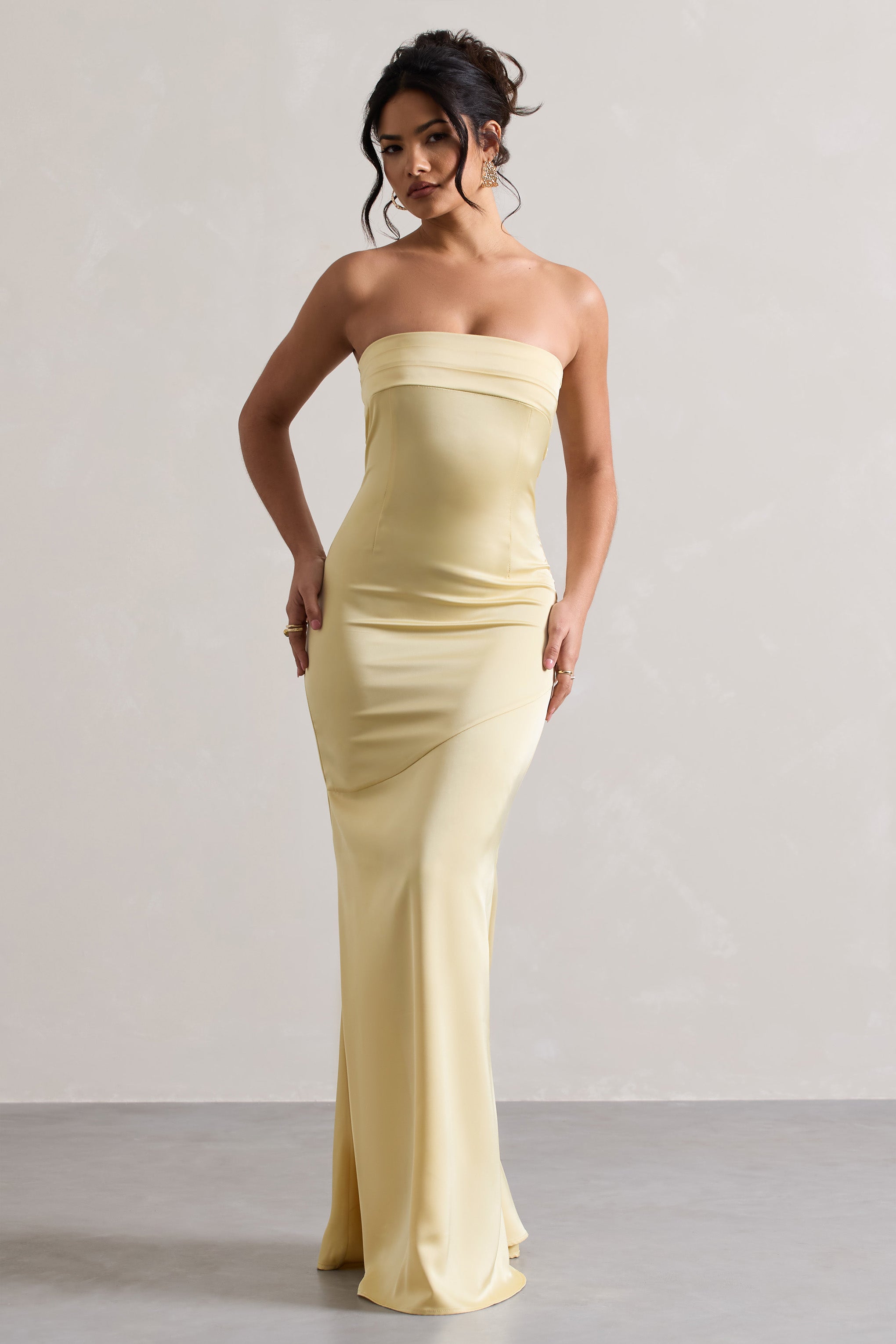 Colada Lemon Satin Pleated Bandeau Maxi Dress-Babyboo Dress Store. All Rights Reserved.