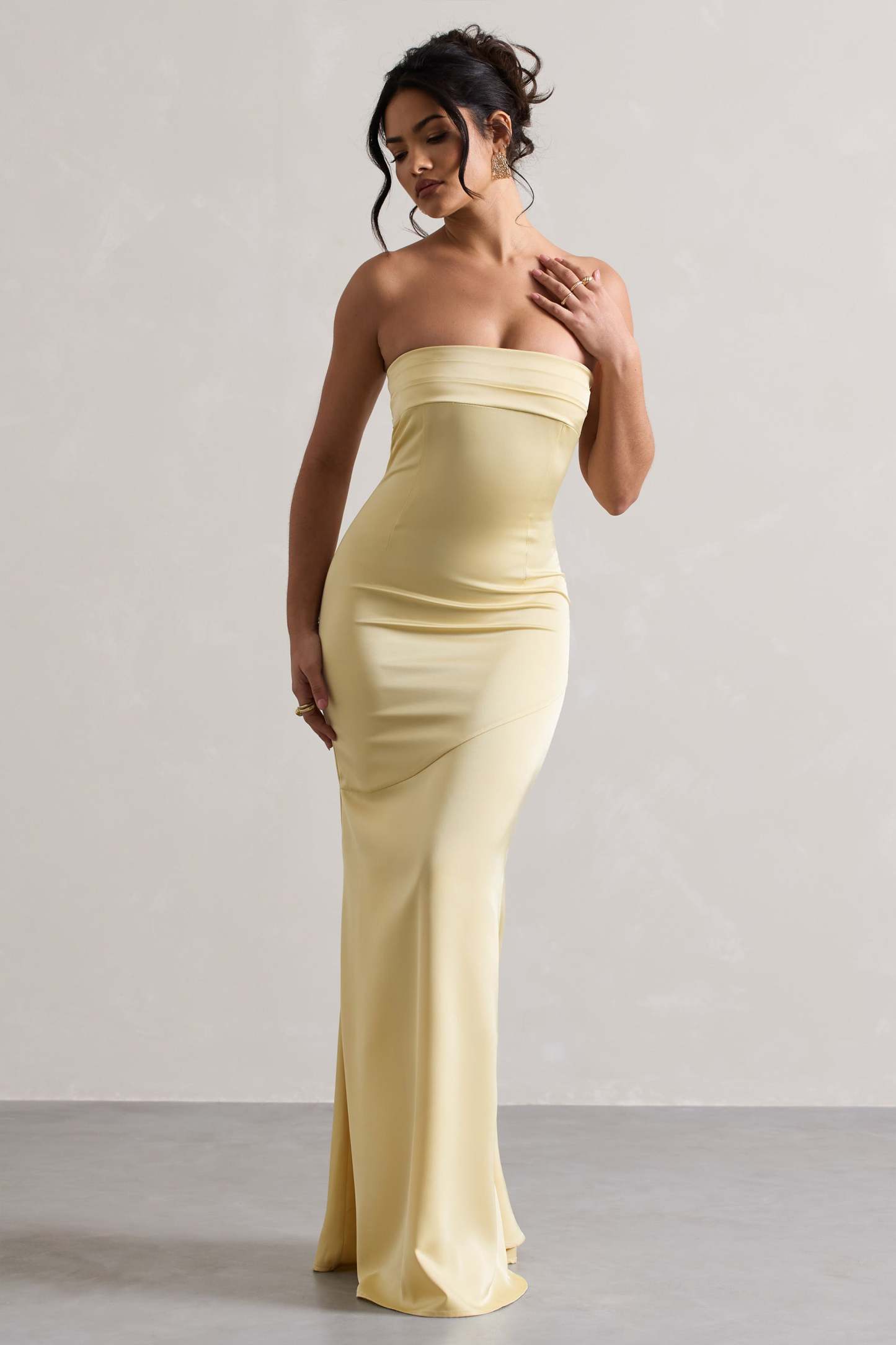 Colada Lemon Satin Pleated Bandeau Maxi Dress-Babyboo Dress Store. All Rights Reserved.
